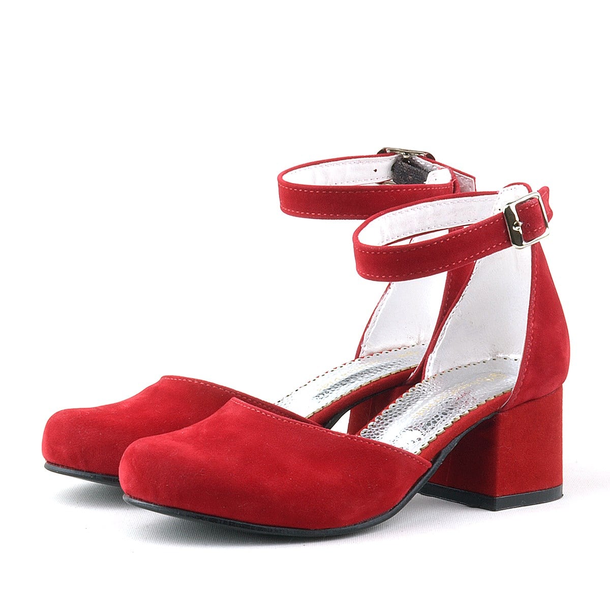 Sarıkaya Red Suede Shoes Thick Heels Party Heels Girls
