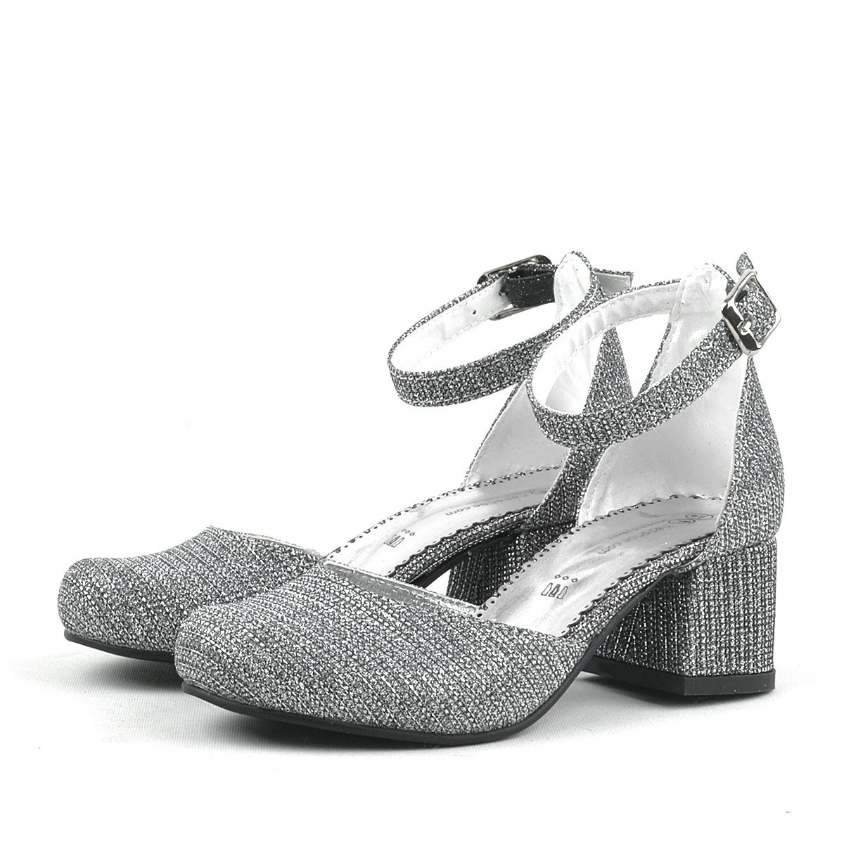 Merida Platin Simli Kalın Topuklu Kız Çocuk Topuklu Ayakkabı