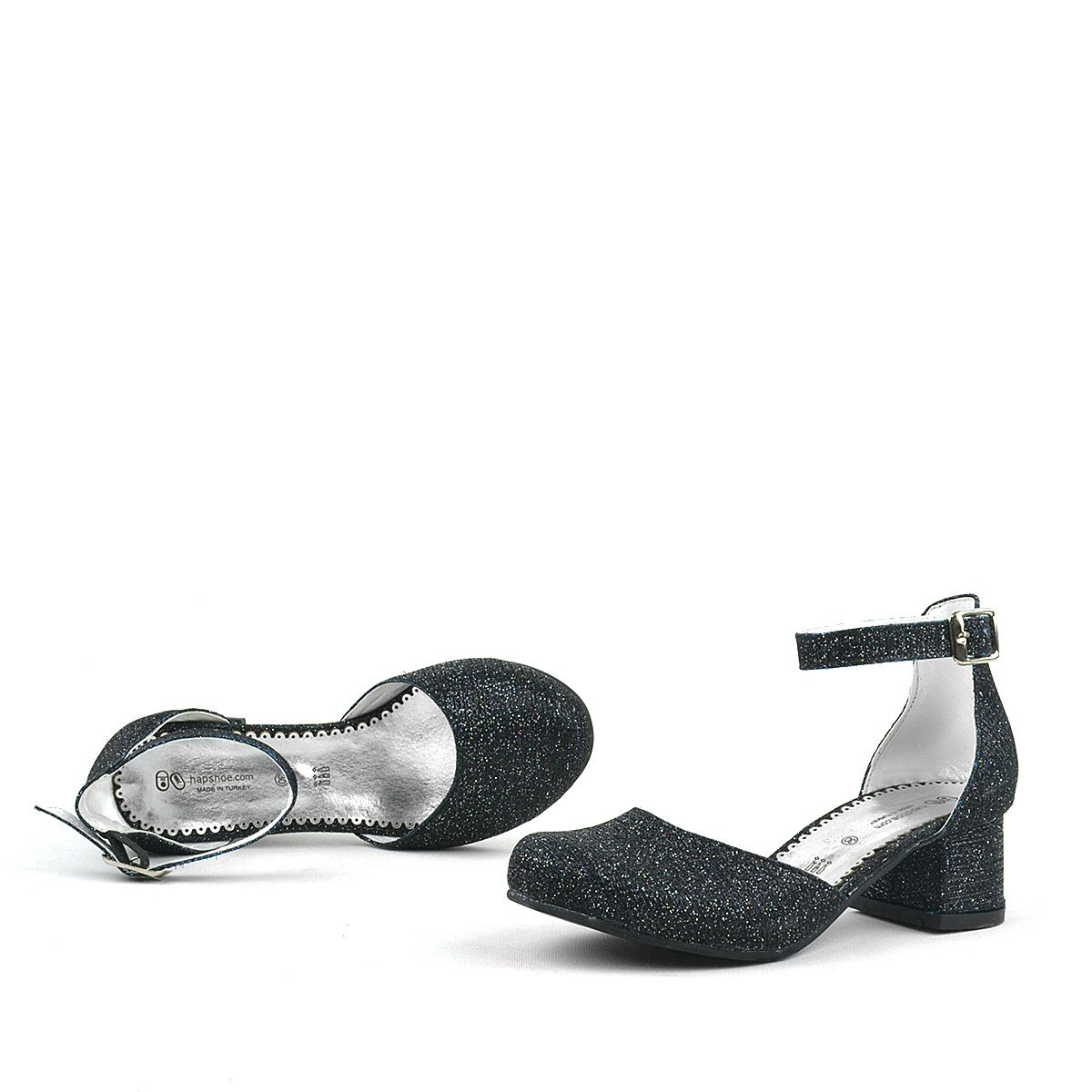 Merida Siyah Simli Kalın Topuklu Kız Çocuk Topuklu Ayakkabı