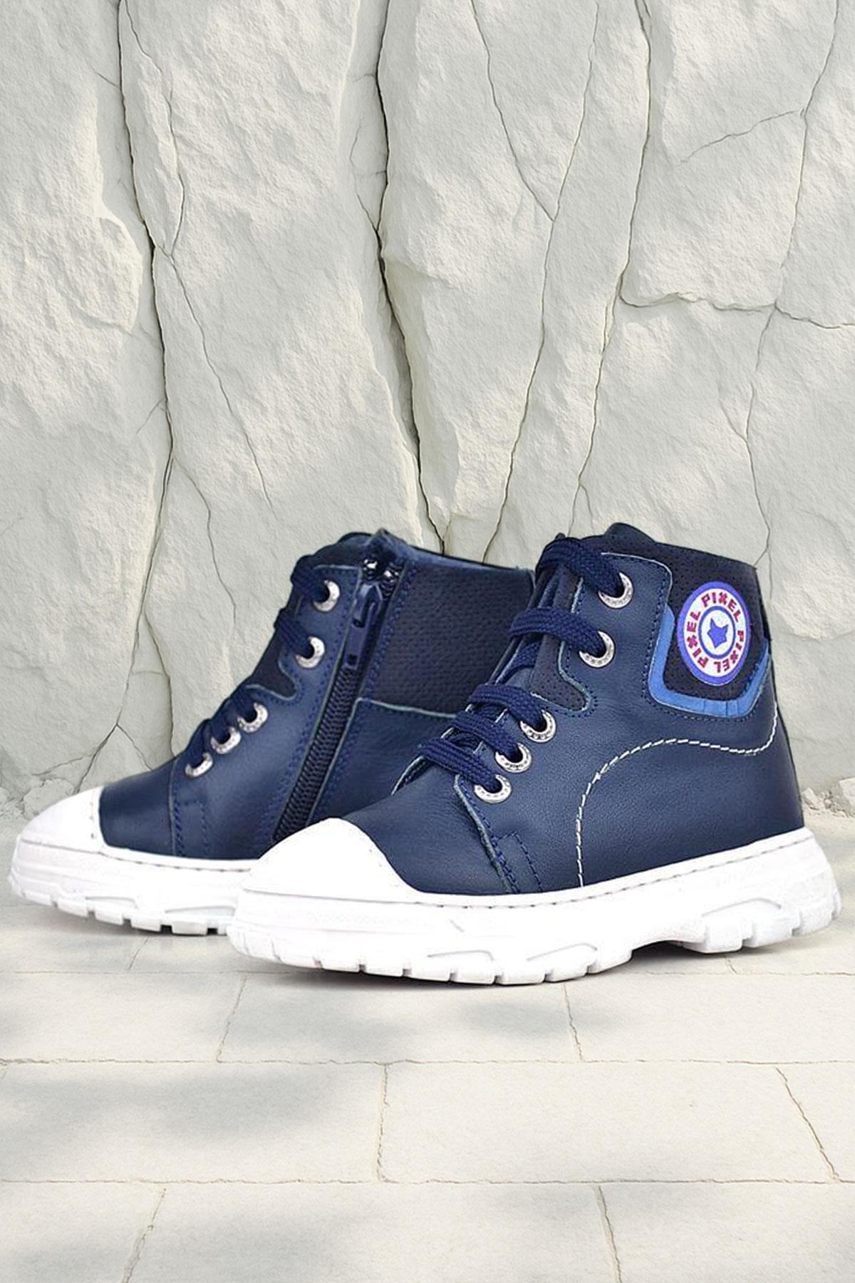 Hakiki Deri Pixel Koyu Lacivert Bağcıklı Fermuarlı Çocuk Bot