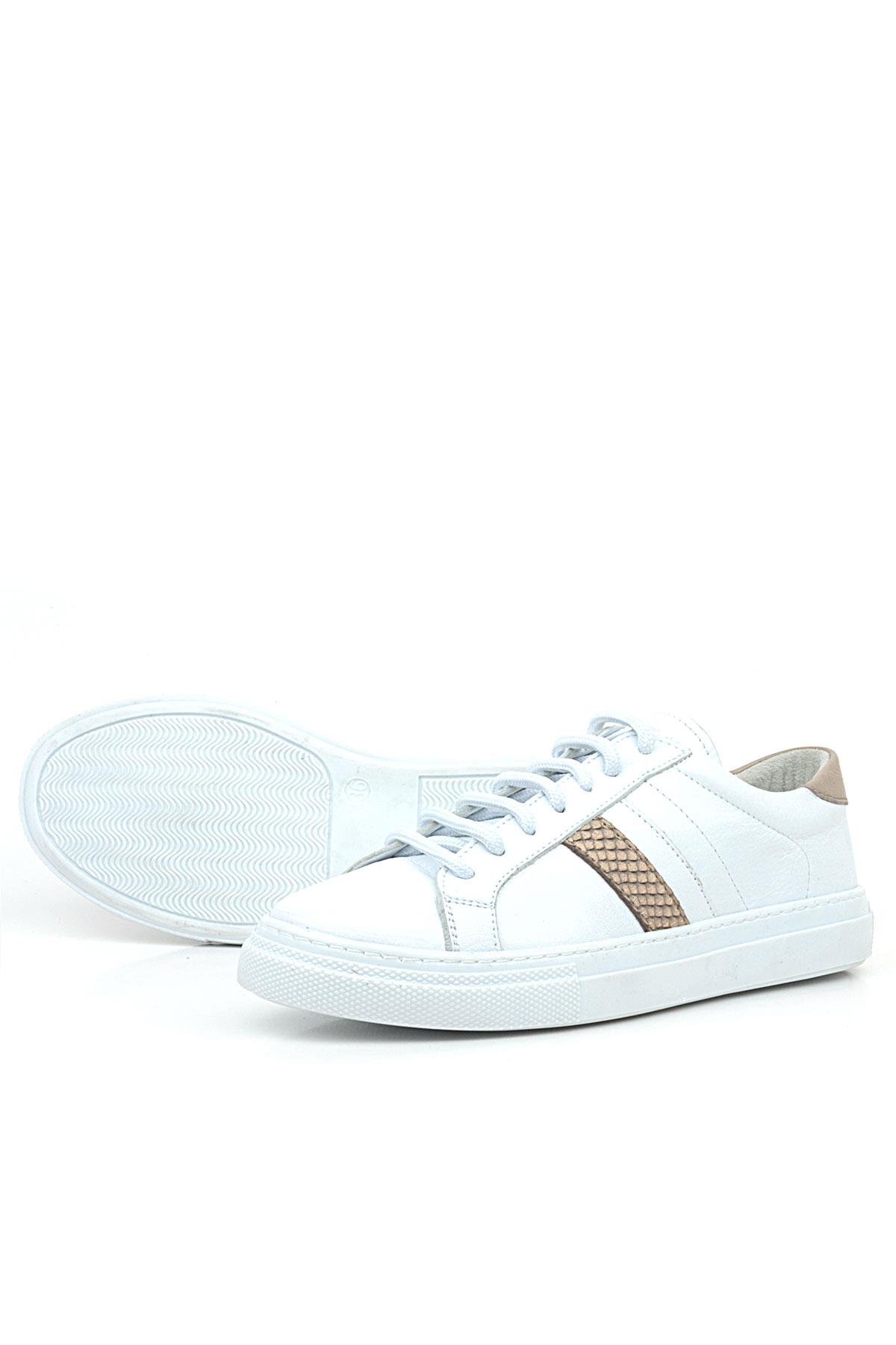 Hakiki Deri Beyaz Bakır Desenli Günlük Kadın Sneaker Ayakkabı