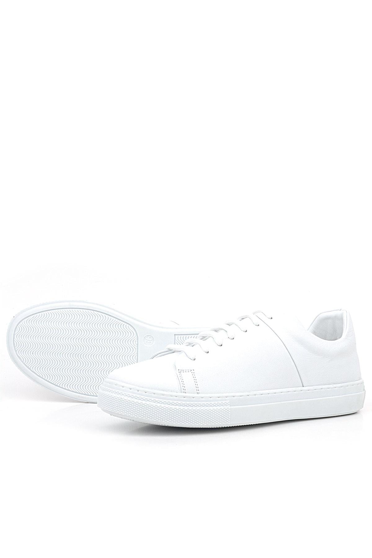 Beyaz Hakiki Deri Kadın Bağcıklı Sneaker Ayakkabı