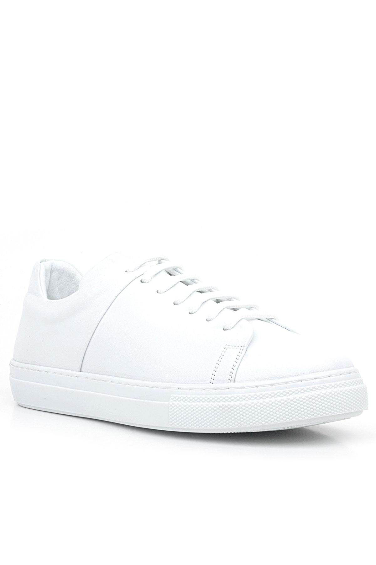 Beyaz Hakiki Deri Kadın Bağcıklı Sneaker Ayakkabı