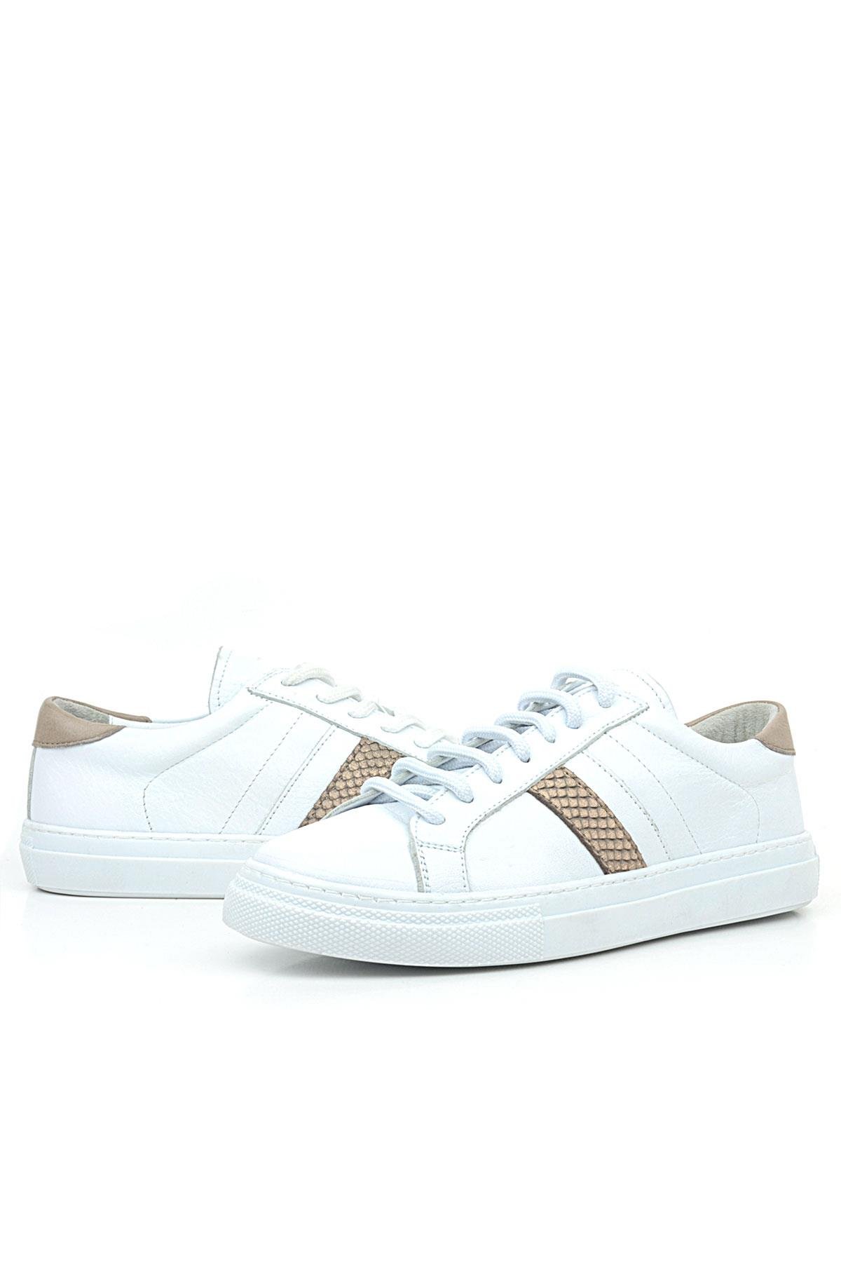 Hakiki Deri Beyaz Bakır Desenli Günlük Kadın Sneaker Ayakkabı