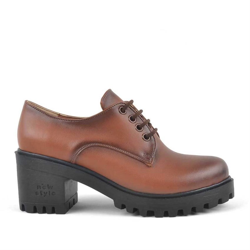 Taba Bağcıklı Topuklu Oxford Kadın Ayakkabı