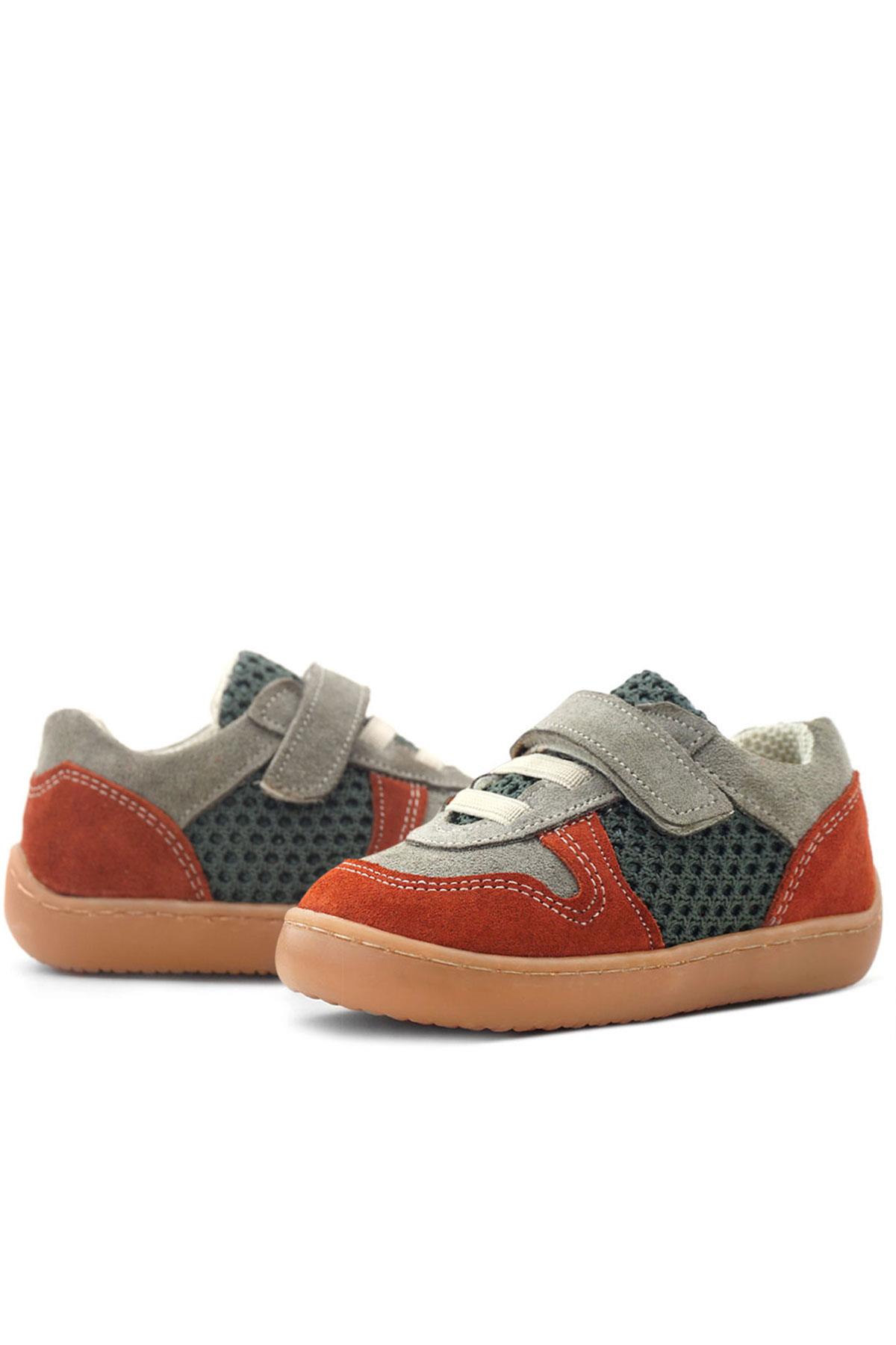 Rakerplus Bob Hakiki Deri Gri Yeşil Barefoot Cırtlı Lastikli Bebek Sneaker Ayakkabı R840-GRYT.25