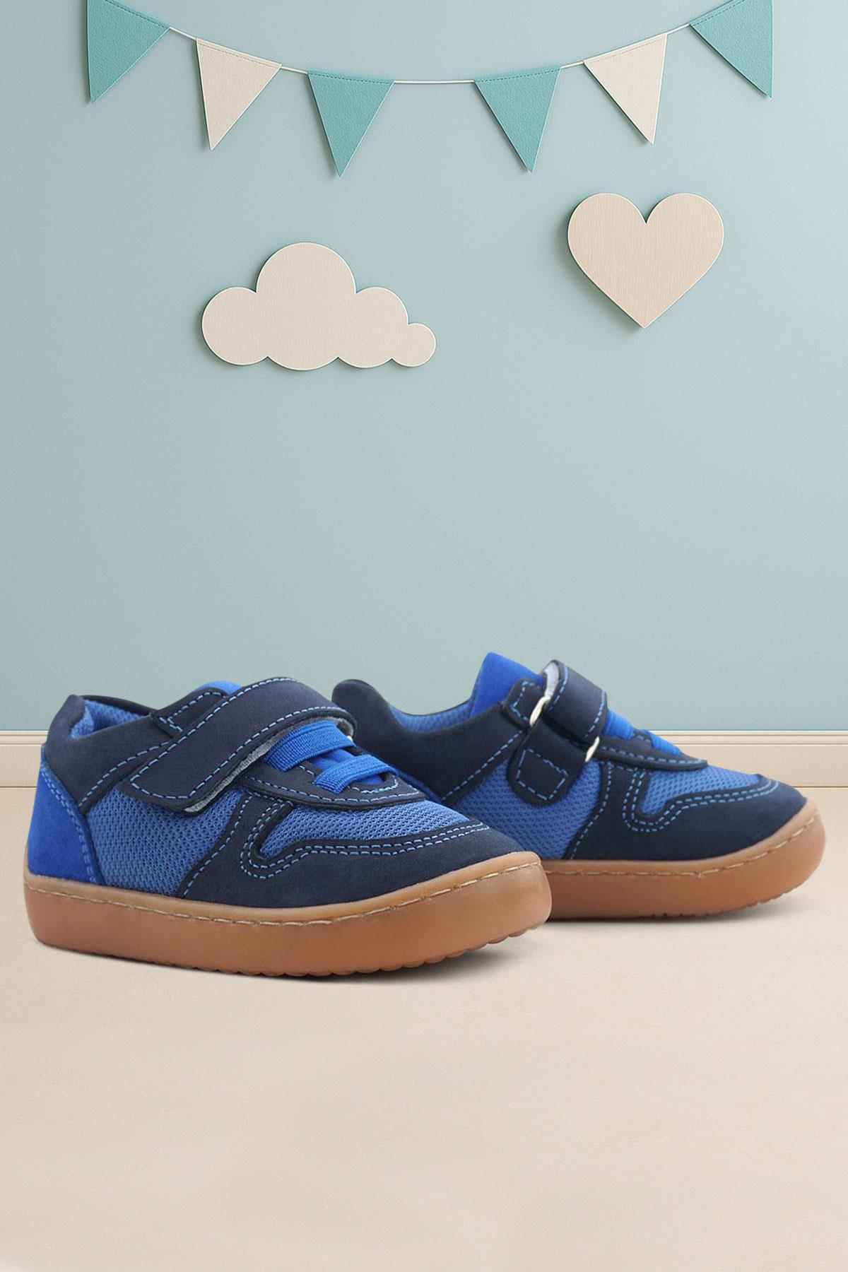 Rakerplus Bob Hakiki Deri Lacivert Mavi Barefoot Cırtlı Lastikli Bebek Sneaker Ayakkabı