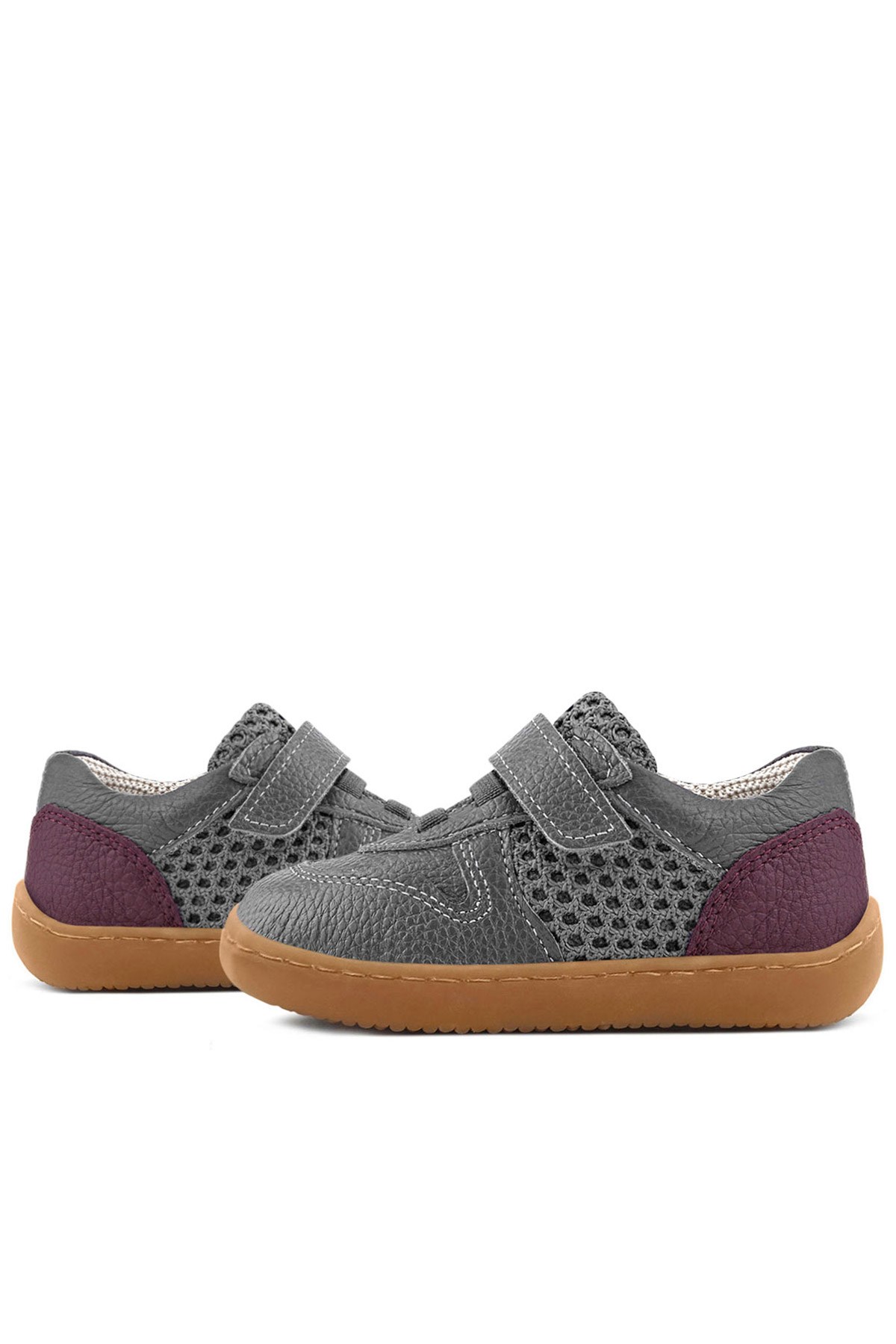 Rakerplus Bob Hakiki Deri Gri Bordo Barefoot Cırtlı Lastikli Bebek Sneaker Ayakkabı