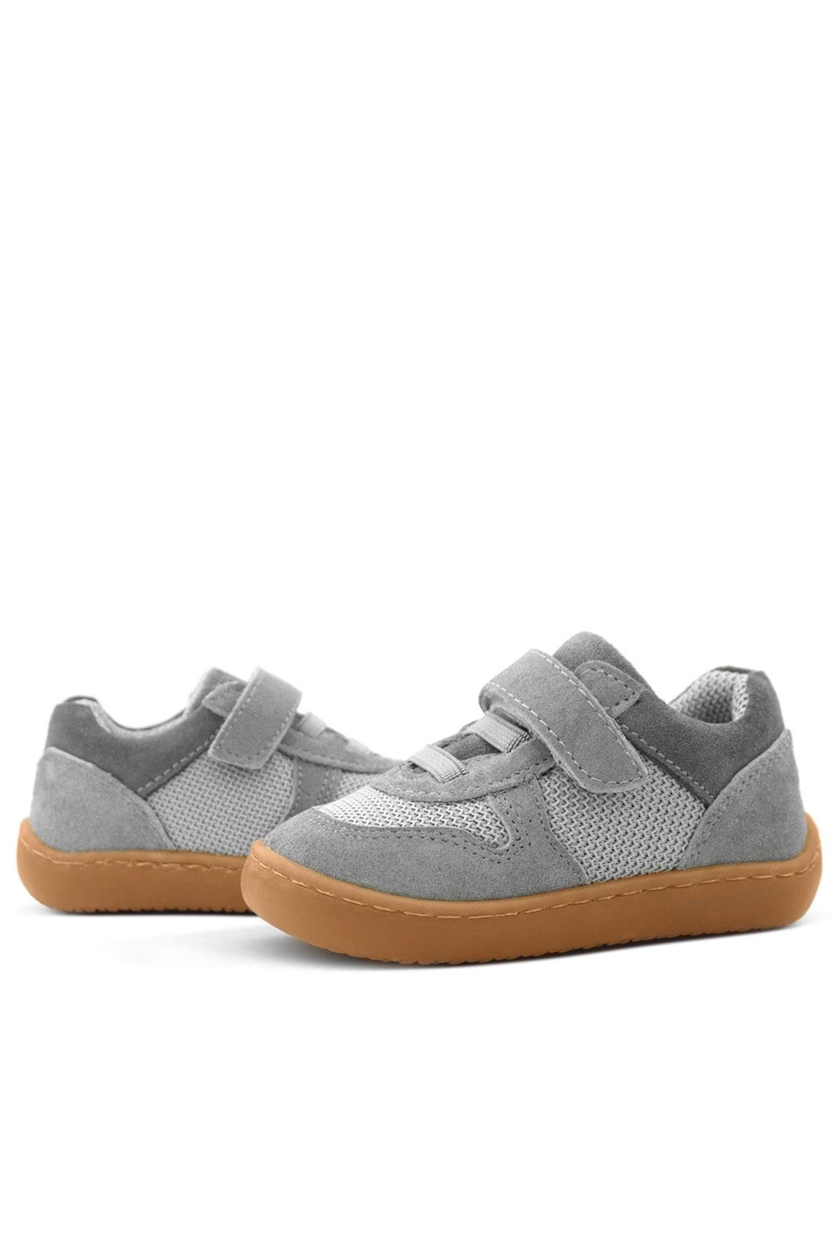 Rakerplus Bob Hakiki Deri Gri Barefoot Cırtlı Lastikli Bebek Sneaker Ayakkabı