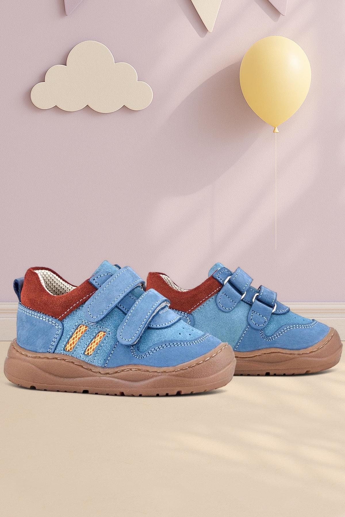 Rakerplus Schaggy Hakiki Deri Mavi Bordo Cırtlı Bebek Spor Ayakkabı