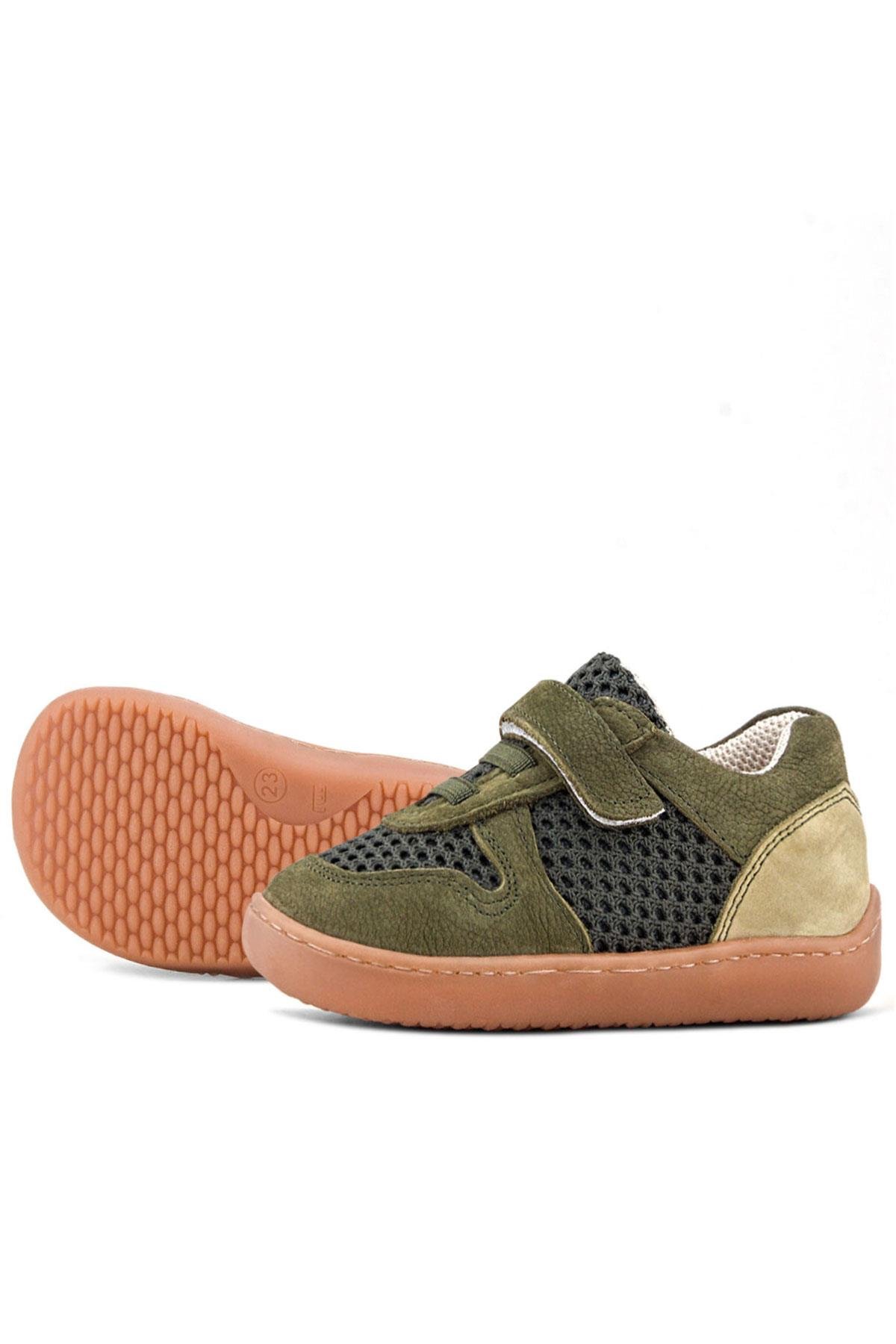 Rakerplus Bob Hakiki Deri Haki Yeşil Barefoot Cırtlı Lastikli Bebek Sneaker Ayakkabı