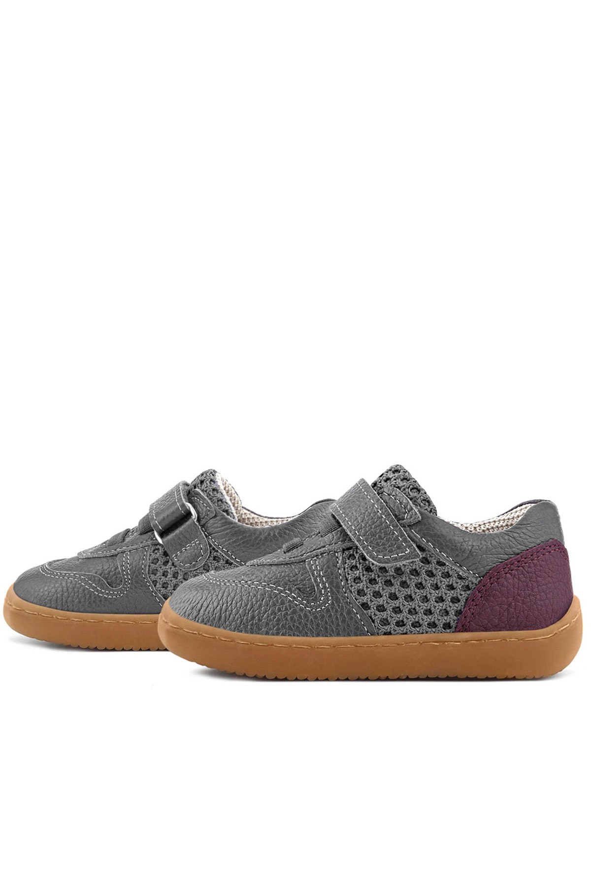Rakerplus Bob Hakiki Deri Gri Bordo Barefoot Cırtlı Lastikli Bebek Sneaker Ayakkabı