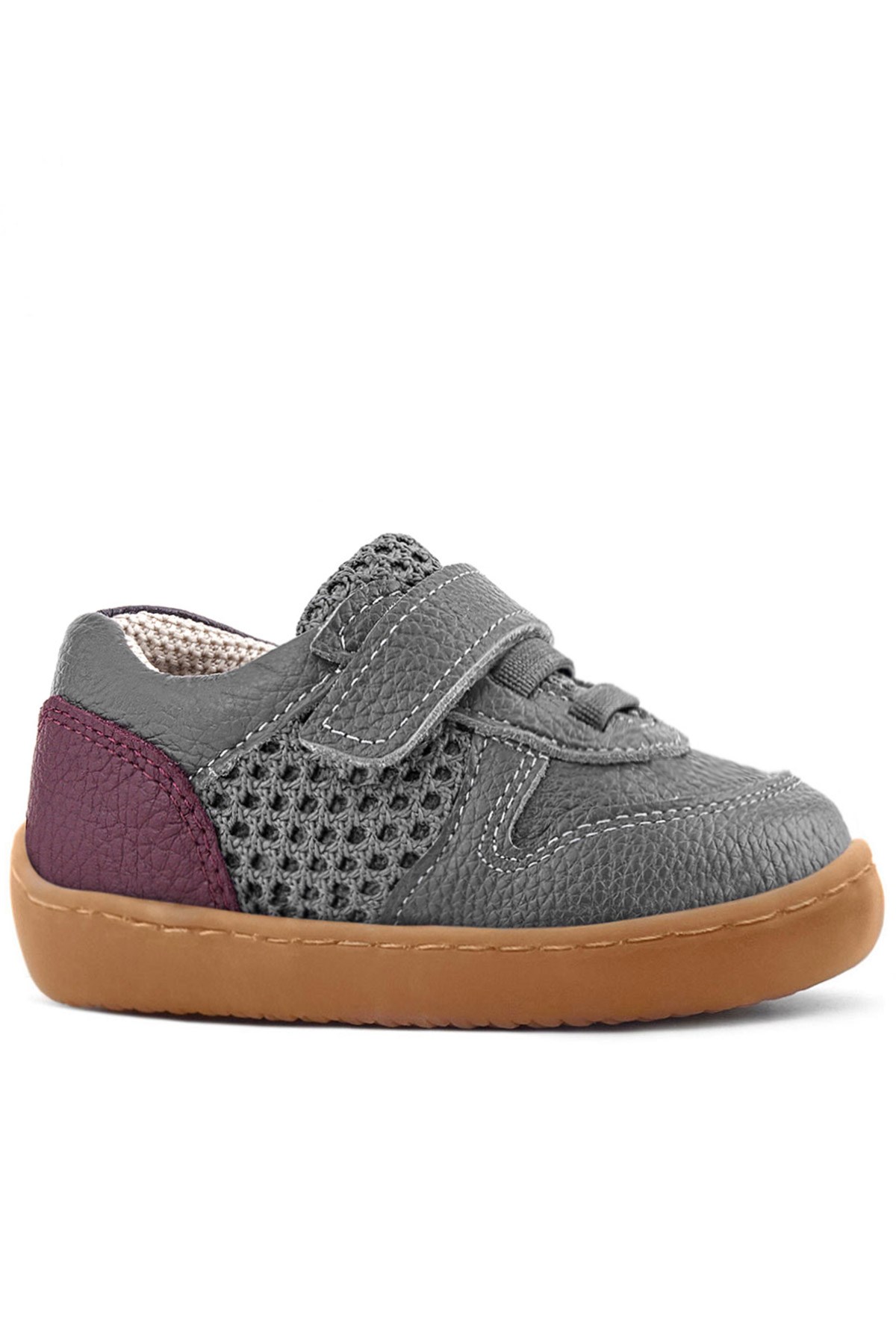 Rakerplus Bob Hakiki Deri Gri Bordo Barefoot Cırtlı Lastikli Bebek Sneaker Ayakkabı