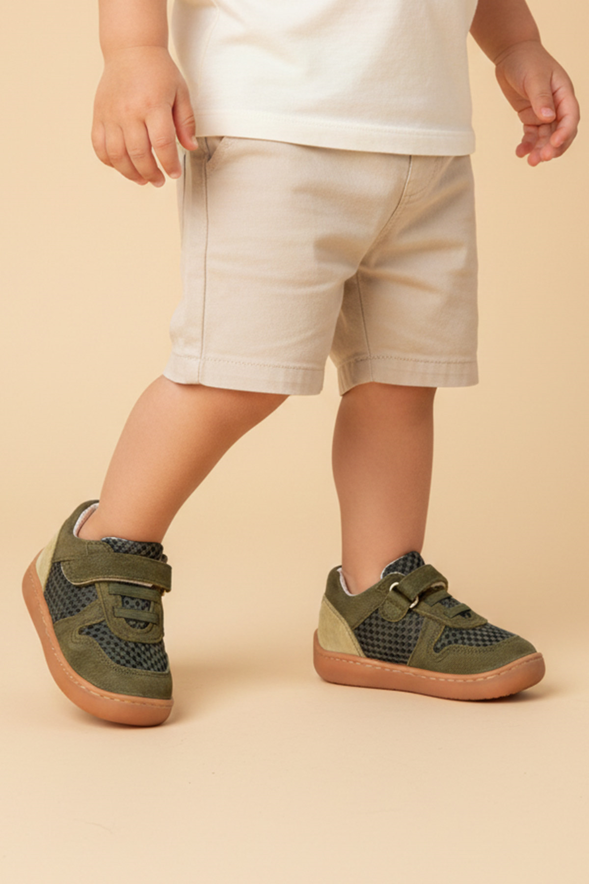 Rakerplus Bob Hakiki Deri Haki Yeşil Barefoot Cırtlı Lastikli Bebek Sneaker Ayakkabı
