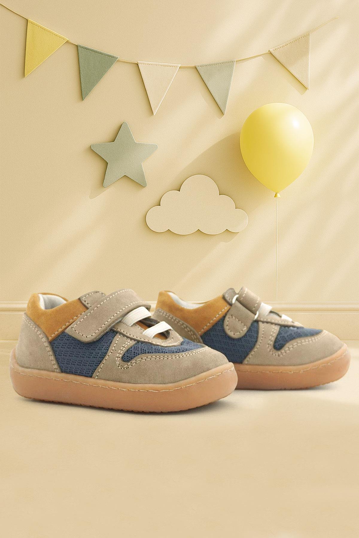 Rakerplus Bob Genuine Leather Sand Color Barefoot Velcro Elastic Baby Sneakers