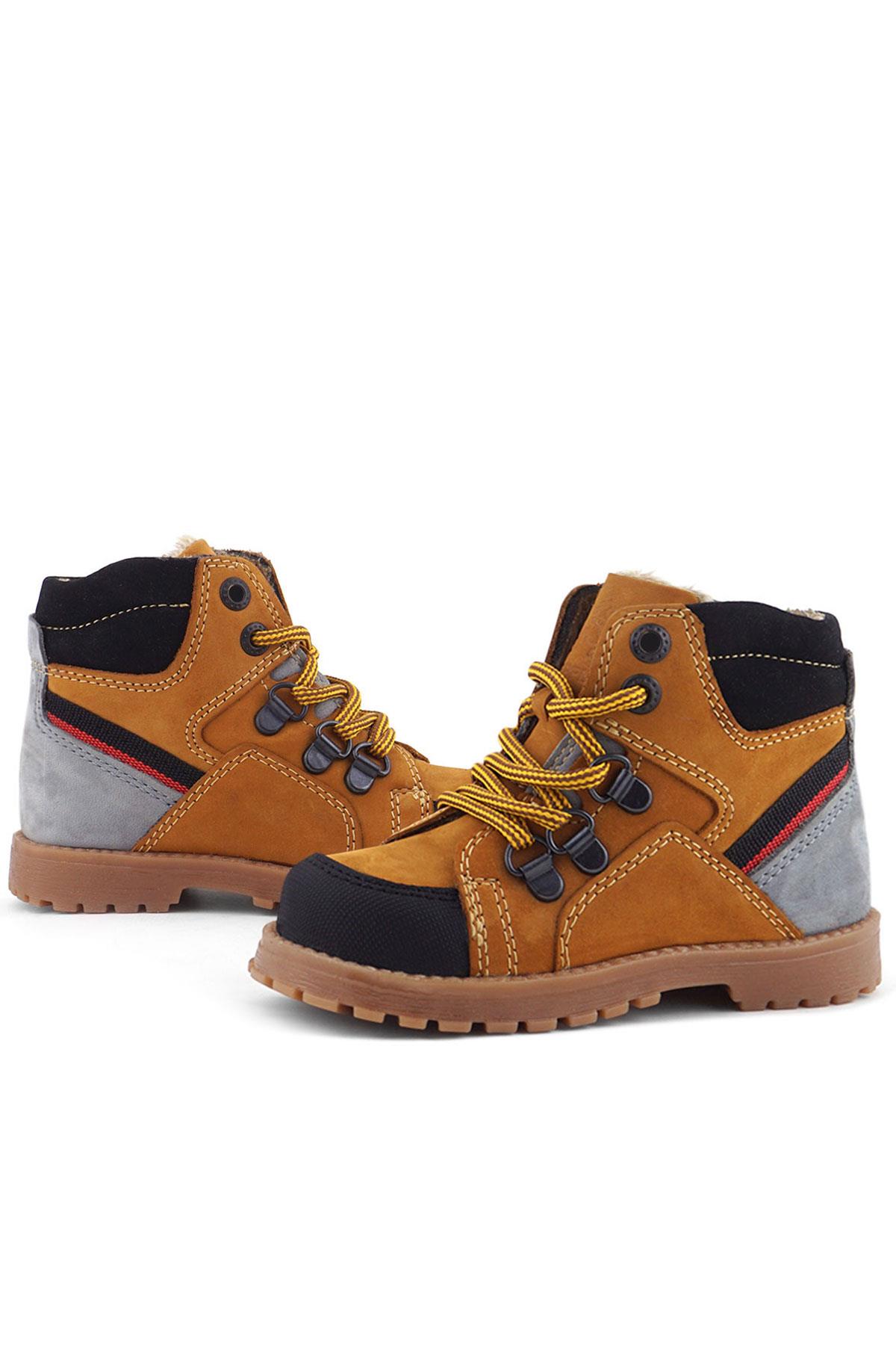 Rakerplus Hakiki Deri Sarı Gri Bağcıklı Fermuarlı Çocuk Bot