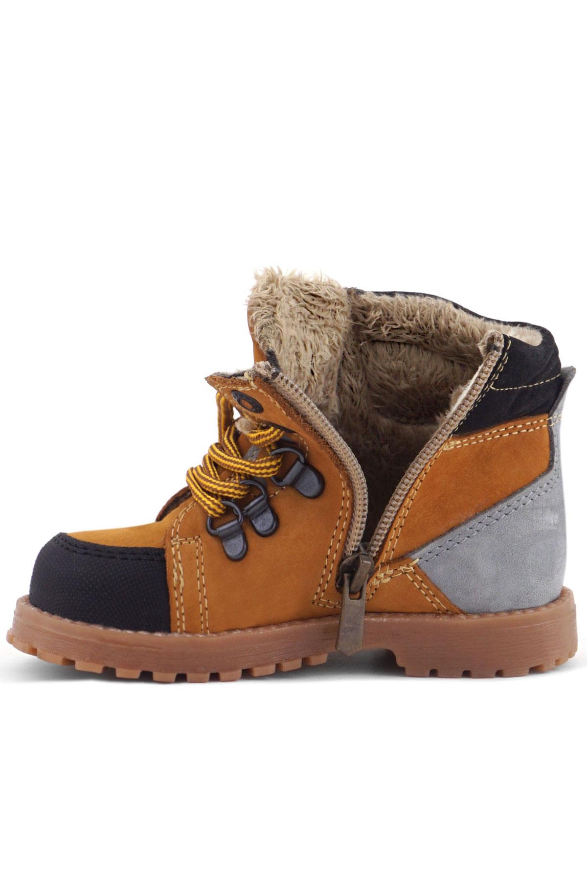 Rakerplus Hakiki Deri Sarı Gri Bağcıklı Fermuarlı Çocuk Bot