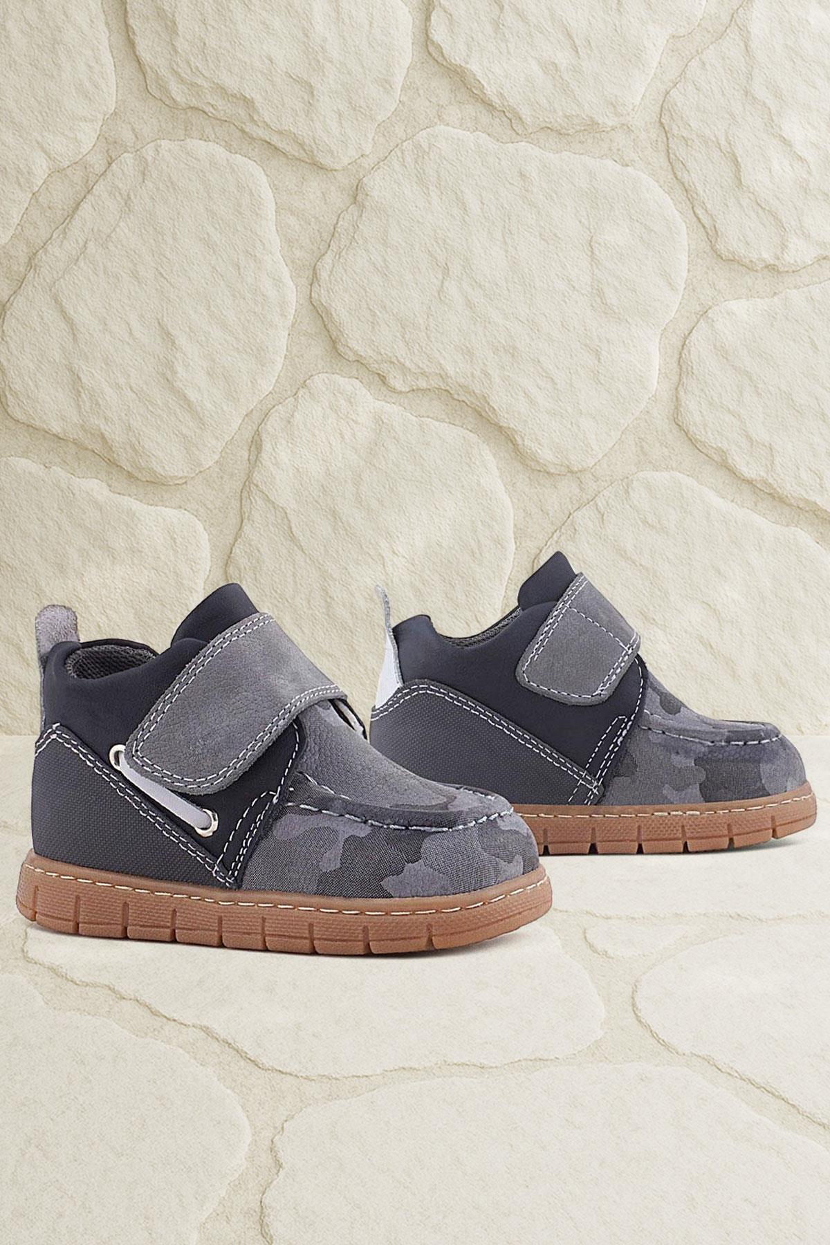 Rakerplus Hakiki Deri Gri Kamuflaj Desenli Cırt Cırtlı Bebek Bot