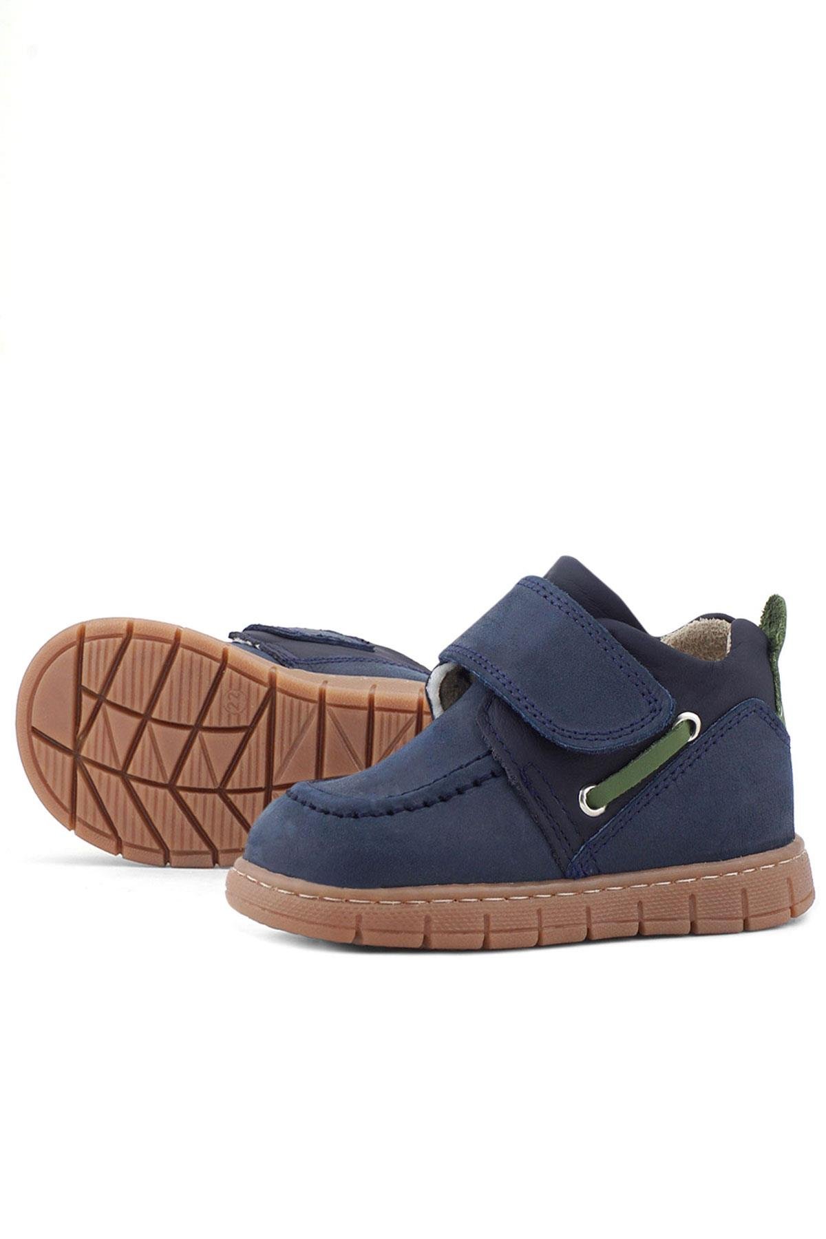 Rakerplus Hakiki Deri Lacivert Yeşil Cırt Cırtlı Bebek Bot