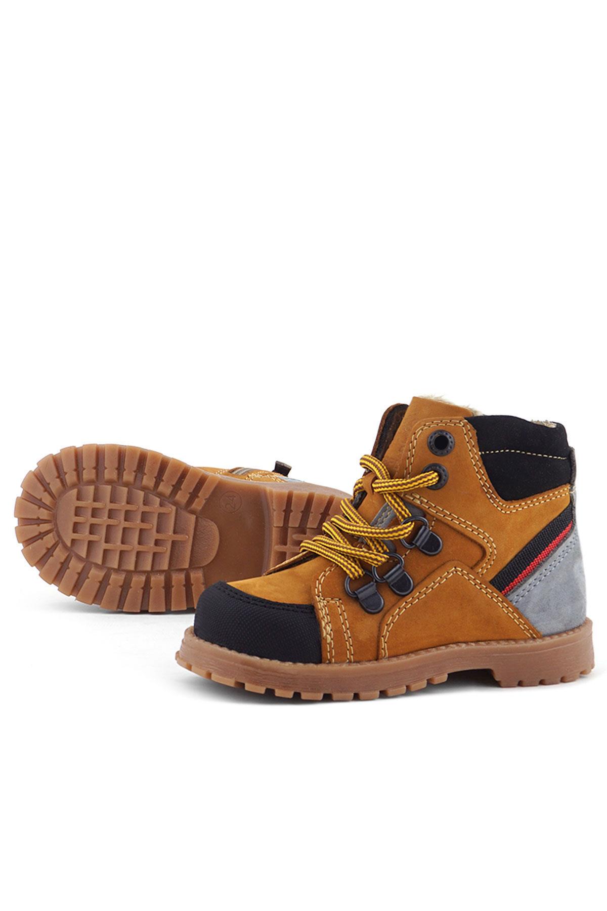 Rakerplus Hakiki Deri Sarı Gri Bağcıklı Fermuarlı Çocuk Bot