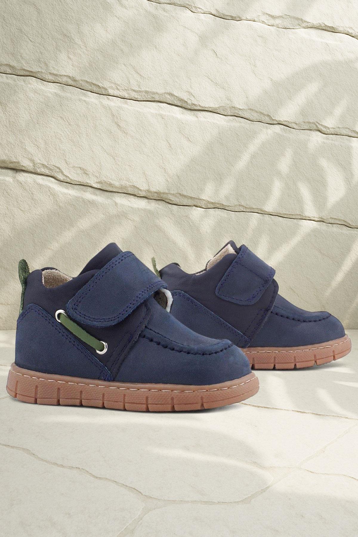 Rakerplus Hakiki Deri Lacivert Yeşil Cırt Cırtlı Bebek Bot