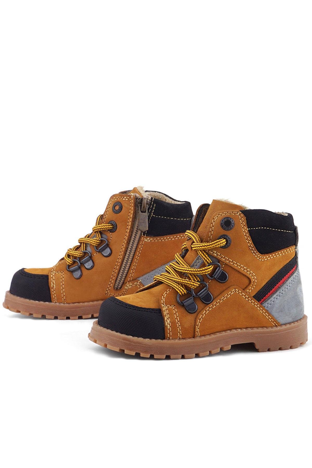 Rakerplus Hakiki Deri Sarı Gri Bağcıklı Fermuarlı Çocuk Bot