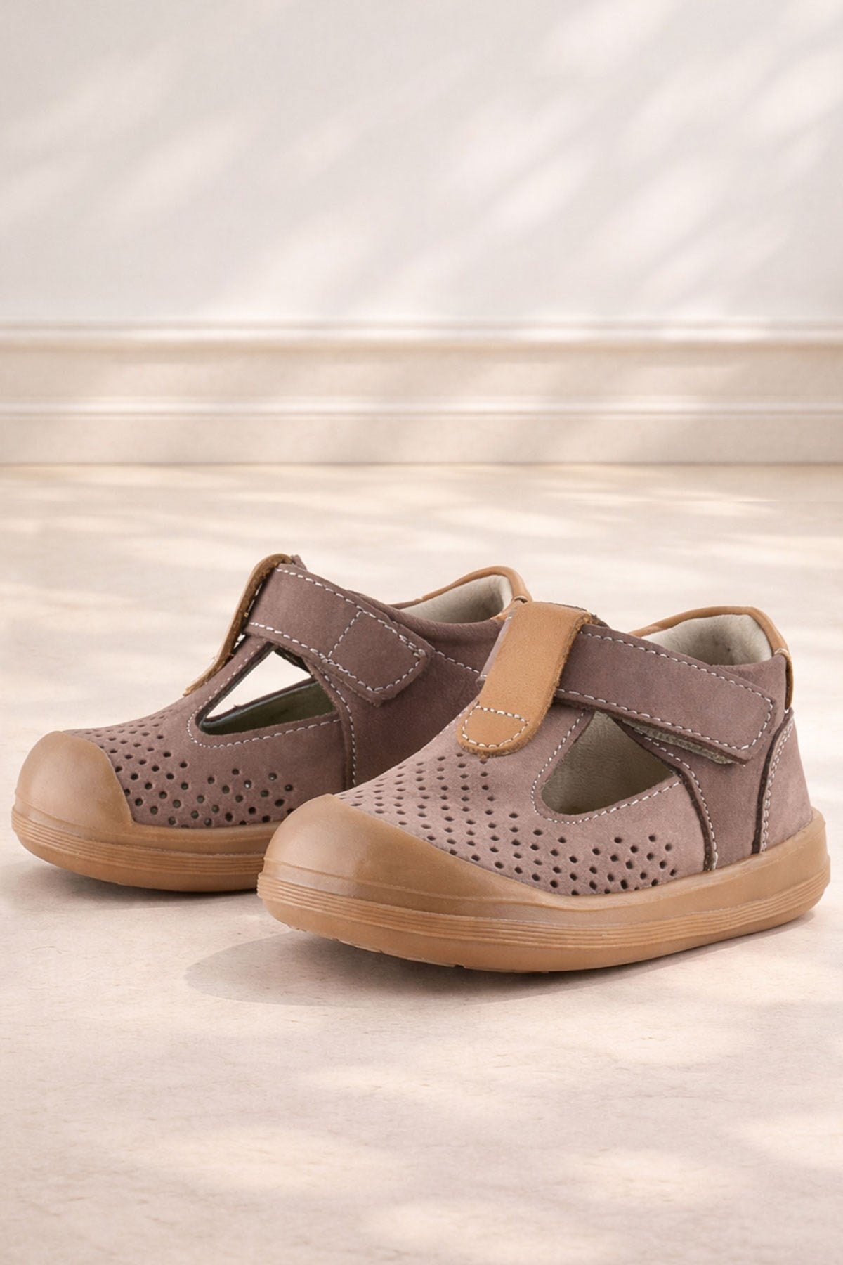 Rakerplus Shaun Genuine Leather Sand Brown Velcro Anatomical Baby Sandals