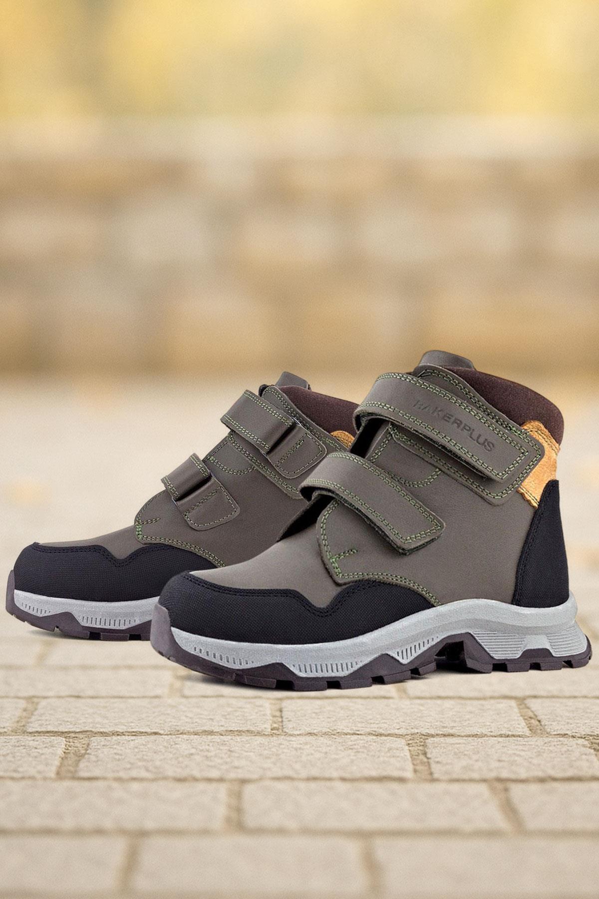 Rakerplus Trekking Hakiki Deri Haki Yeşil Sarı Cırt Cırtlı Erkek Çocuk Bot