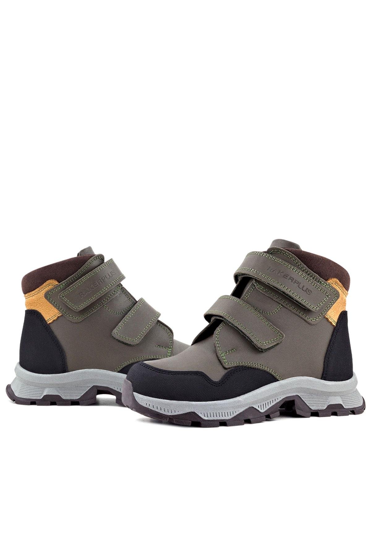 Rakerplus Trekking Hakiki Deri Haki Yeşil Sarı Cırt Cırtlı Erkek Çocuk Bot