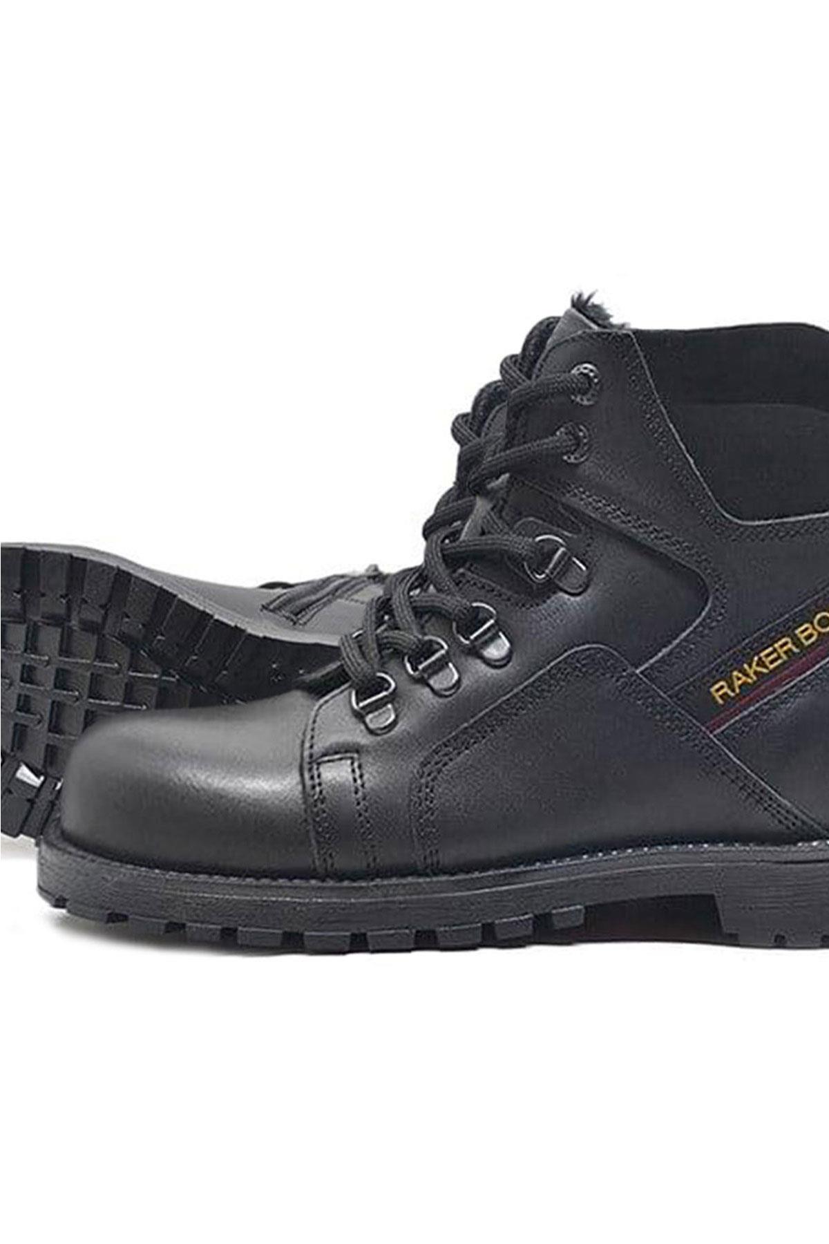 Rakerplus Hakiki Deri Siyah Cilt Fermuarlı Kürklü Çocuk Bot