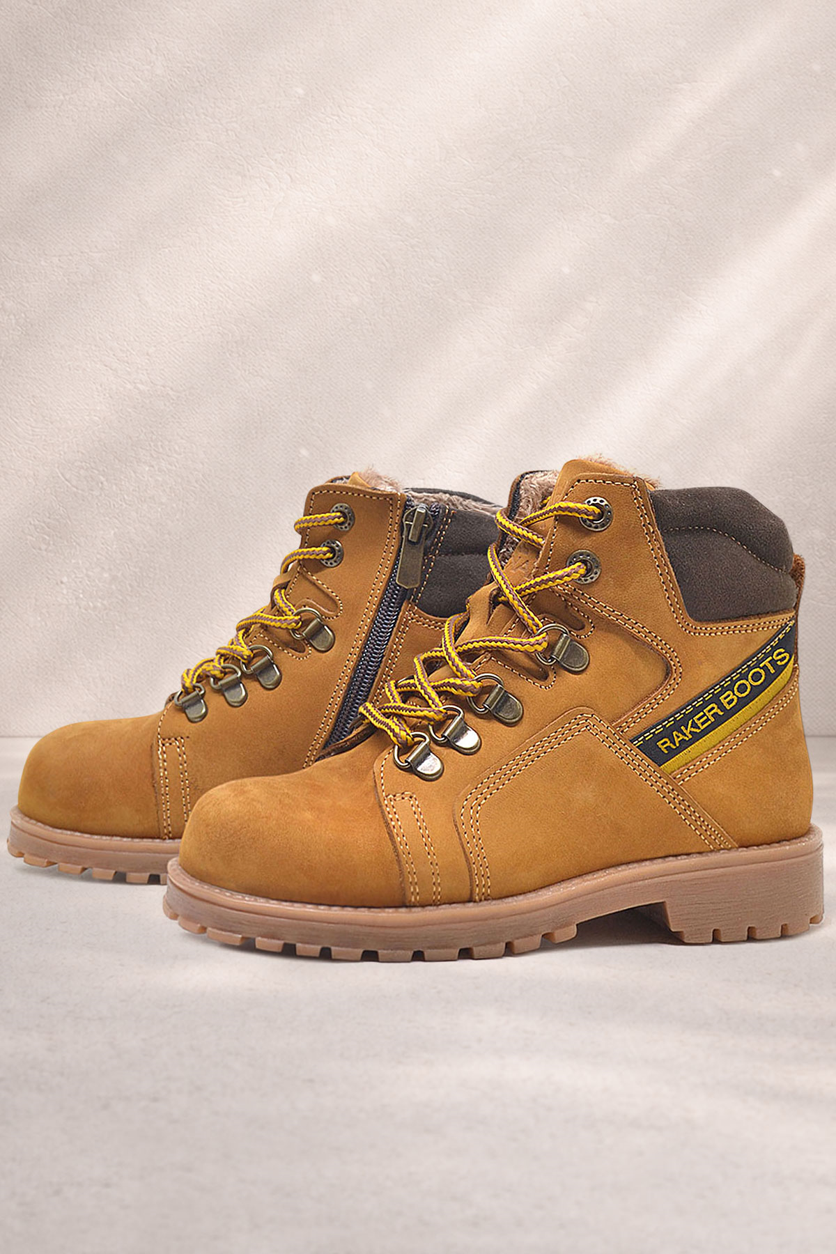 Rakerplus Children's Zippered Furry Genuine Leather Yellow Boots