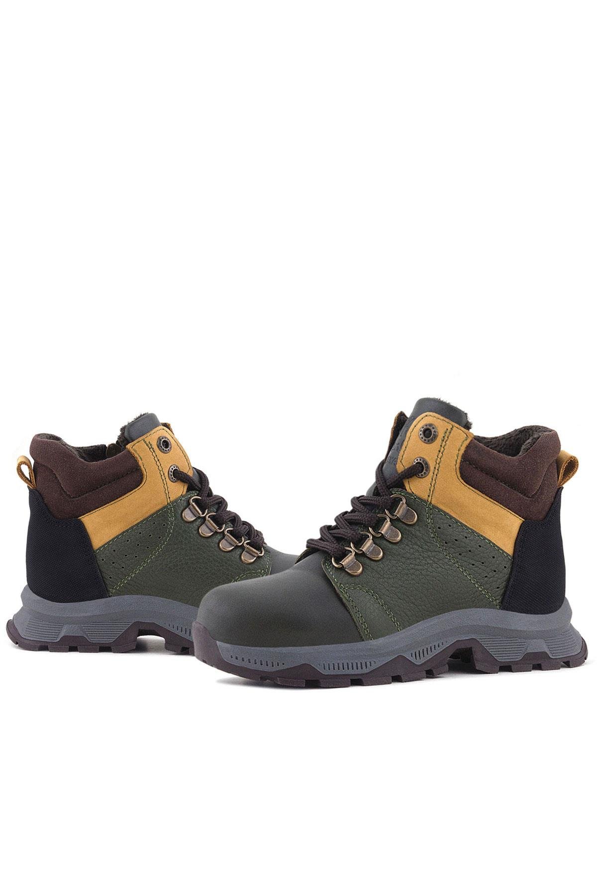 Rakerplus Hakiki Deri Haki Yeşil Sarı Fermuarlı Trekking Çocuk Bot