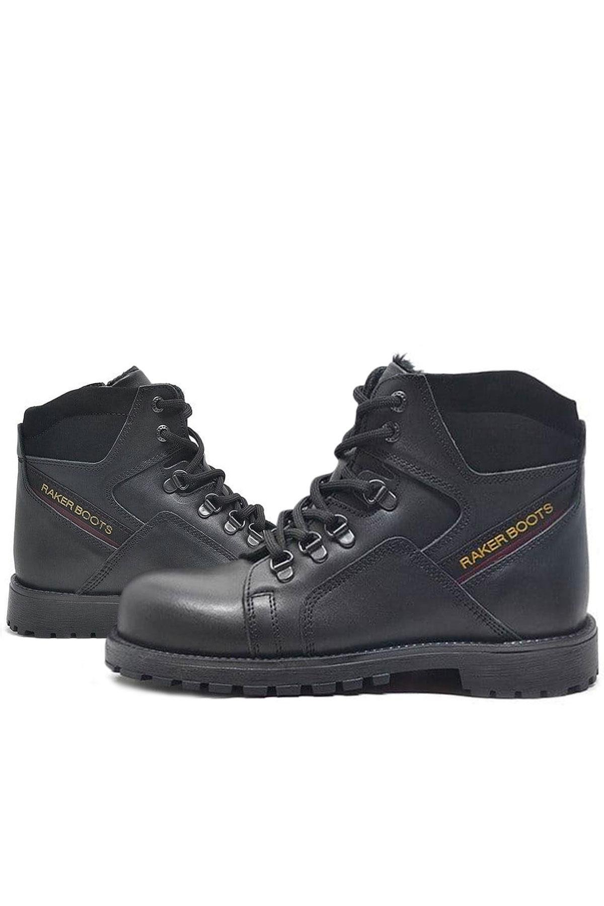 Rakerplus Hakiki Deri Siyah Cilt Fermuarlı Kürklü Çocuk Bot