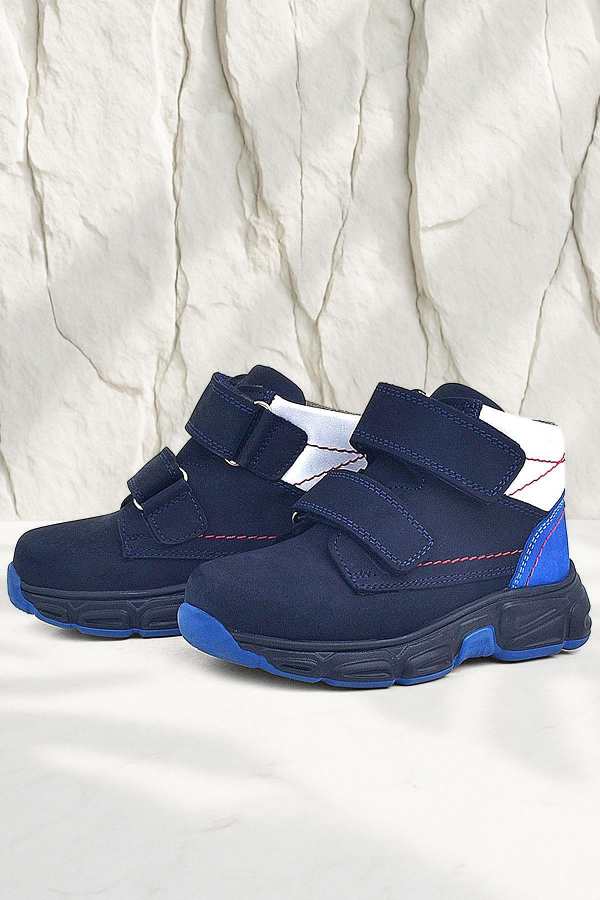 Rakerplus Genuine Leather Navy Blue Banded Furry Kids Sports Boot