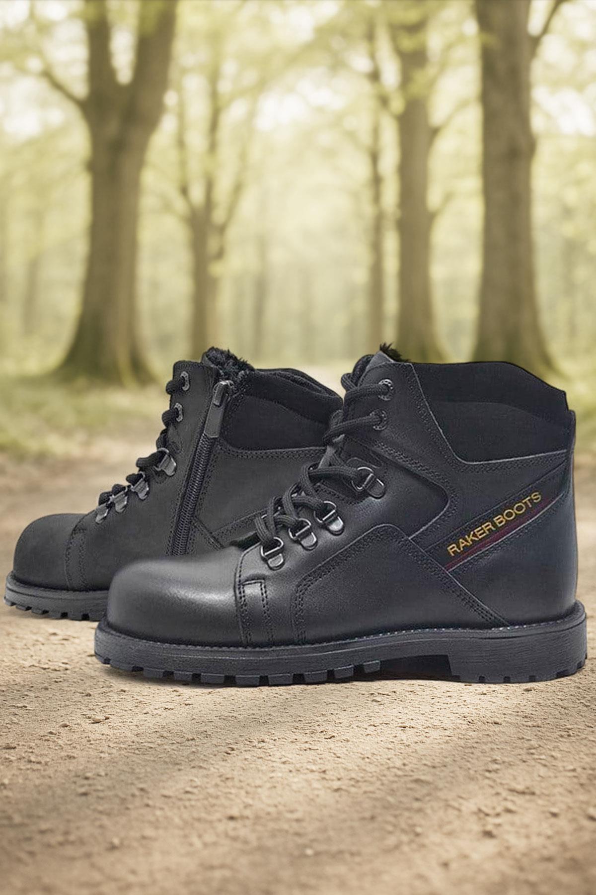 Rakerplus Hakiki Deri Siyah Cilt Fermuarlı Kürklü Çocuk Bot