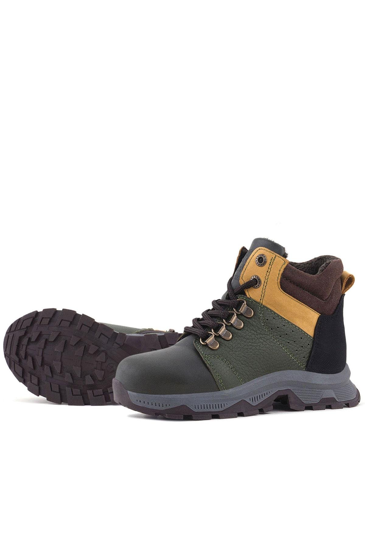 Rakerplus Hakiki Deri Haki Yeşil Sarı Fermuarlı Trekking Çocuk Bot