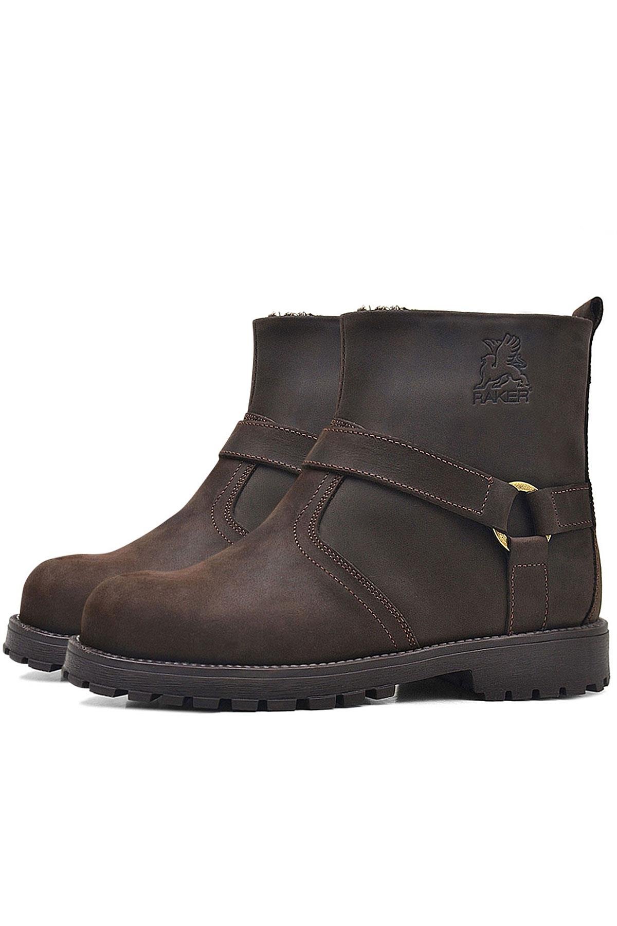 Rakerplus Zippered Genuine Leather Chiron Brown Furry Grown Kids Boots