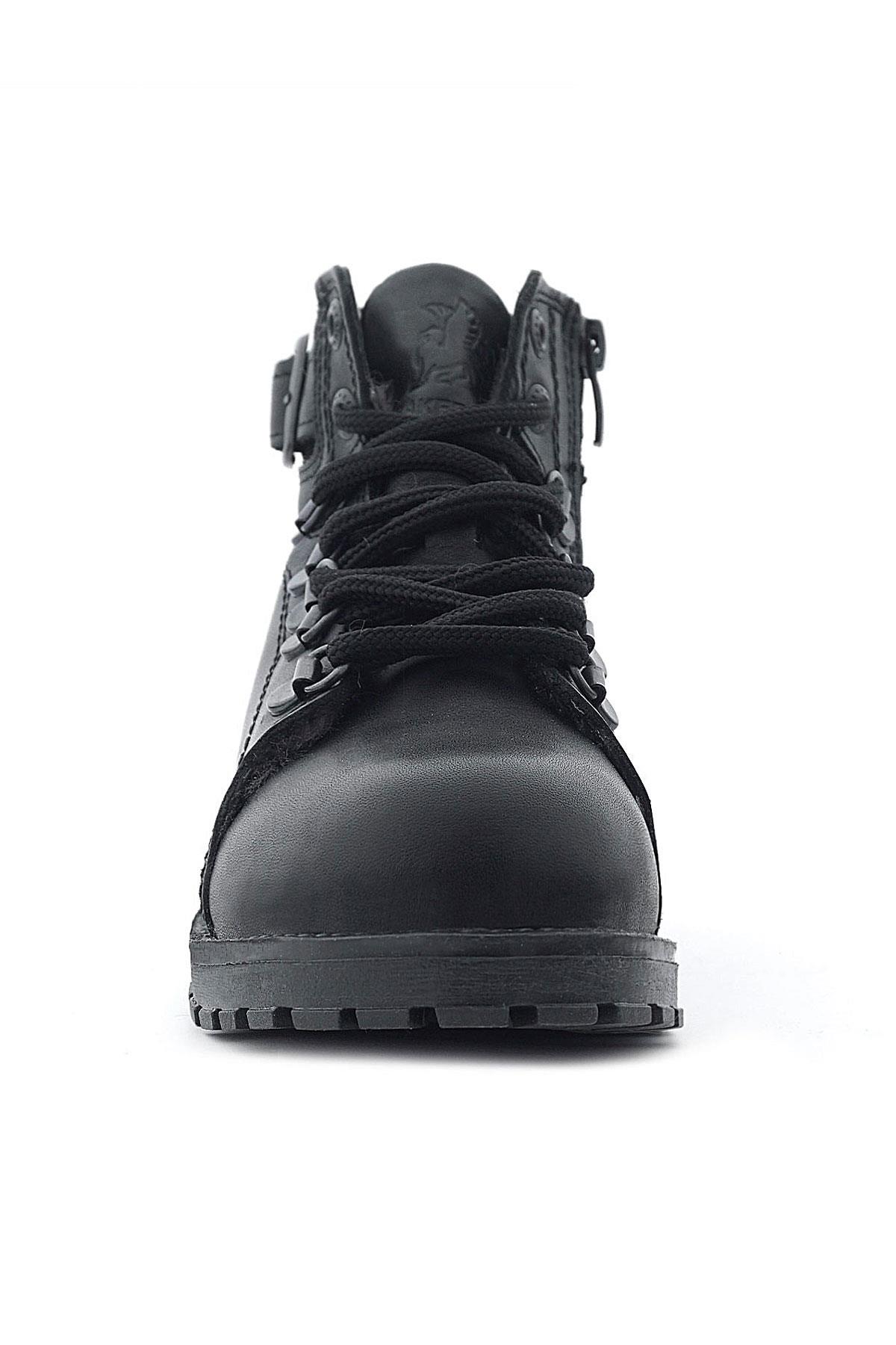 Hakiki Deri Siyah Gerçek Kürklü Bağcıklı Fermuarlı Çocuk Botu