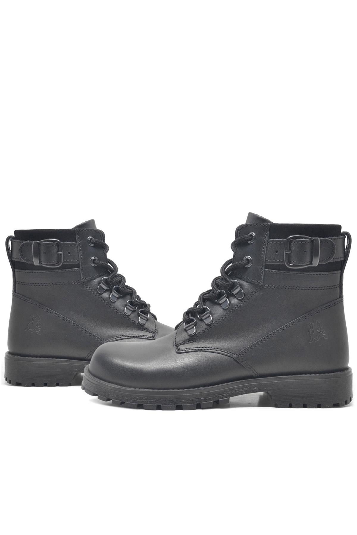 Rakerplus Hakiki Deri Siyah Fermuarlı Bağcıklı Kürklü Bot