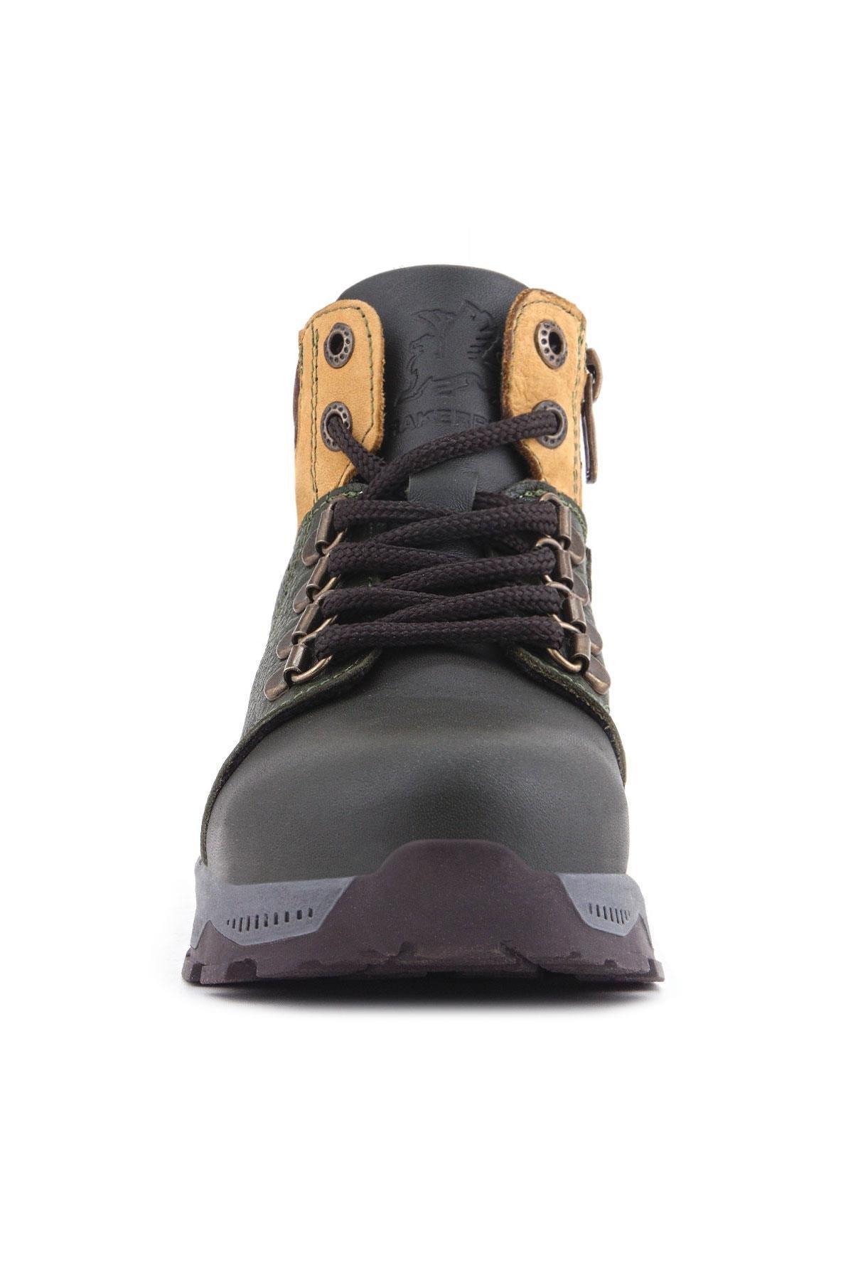 Rakerplus Hakiki Deri Haki Yeşil Sarı Fermuarlı Trekking Çocuk Bot