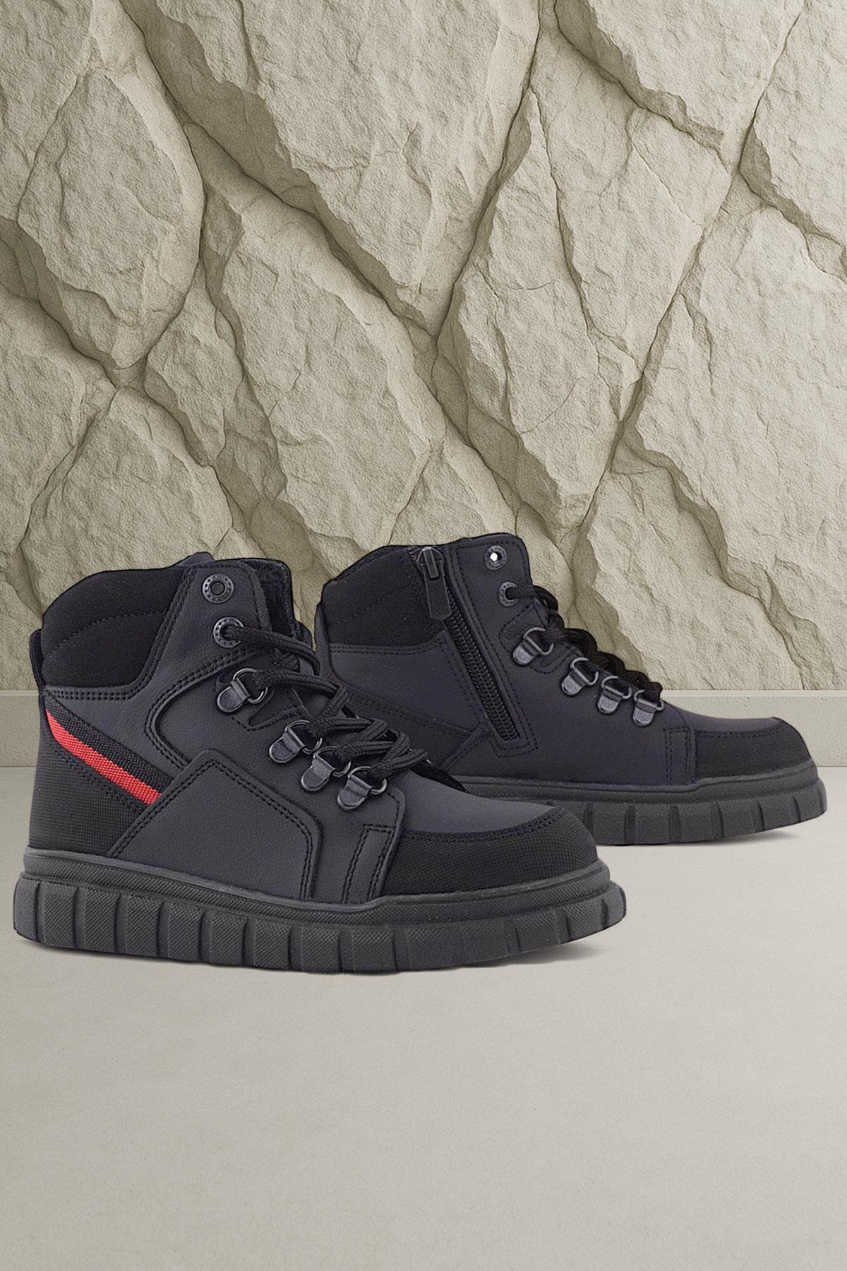 Rakerplus Genuine Leather Black Red Zippered Boy's Boots