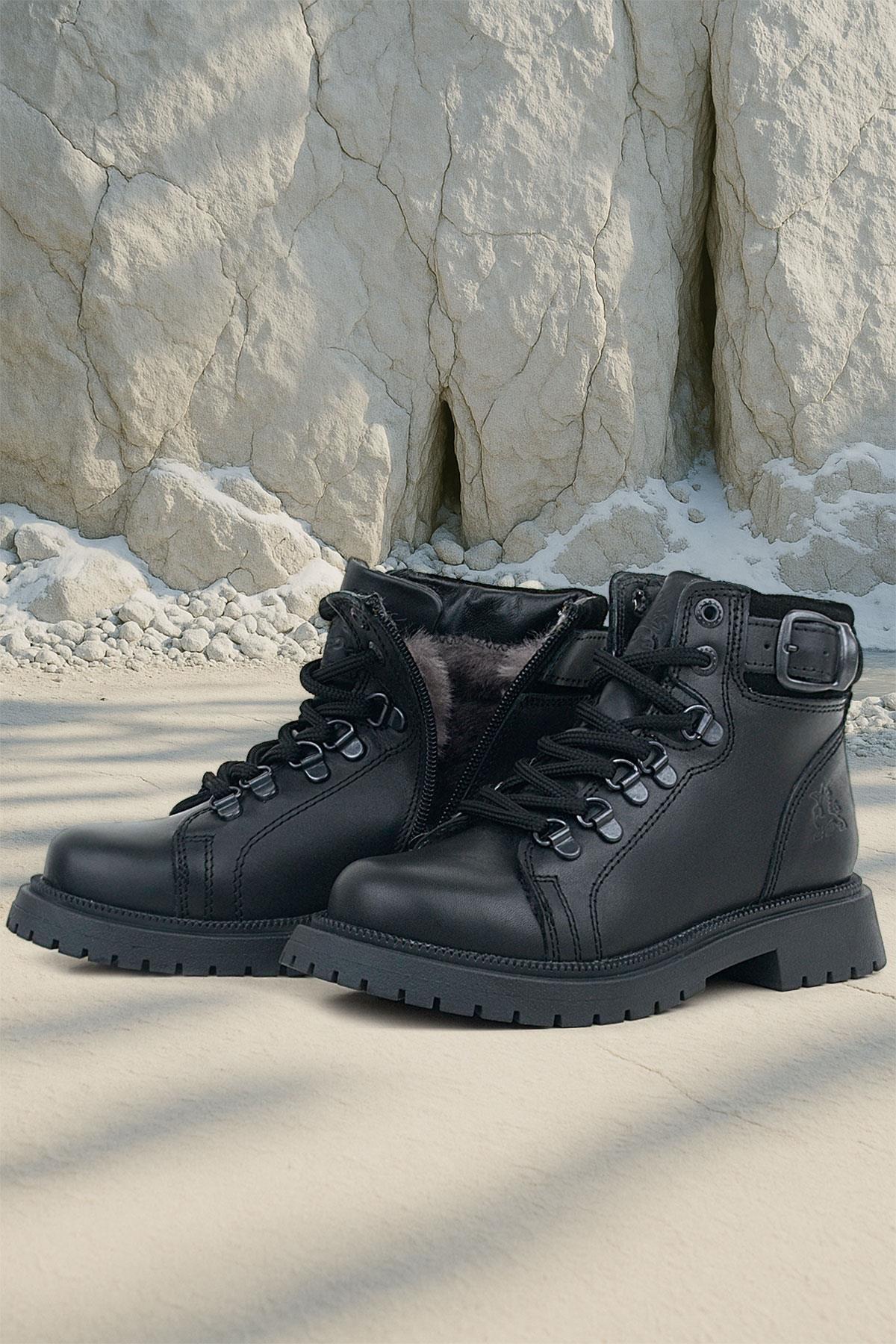 Gerçek Kürklü Hakiki Deri Siyah Bağcıklı Fermuarlı Çocuk Kar Botu