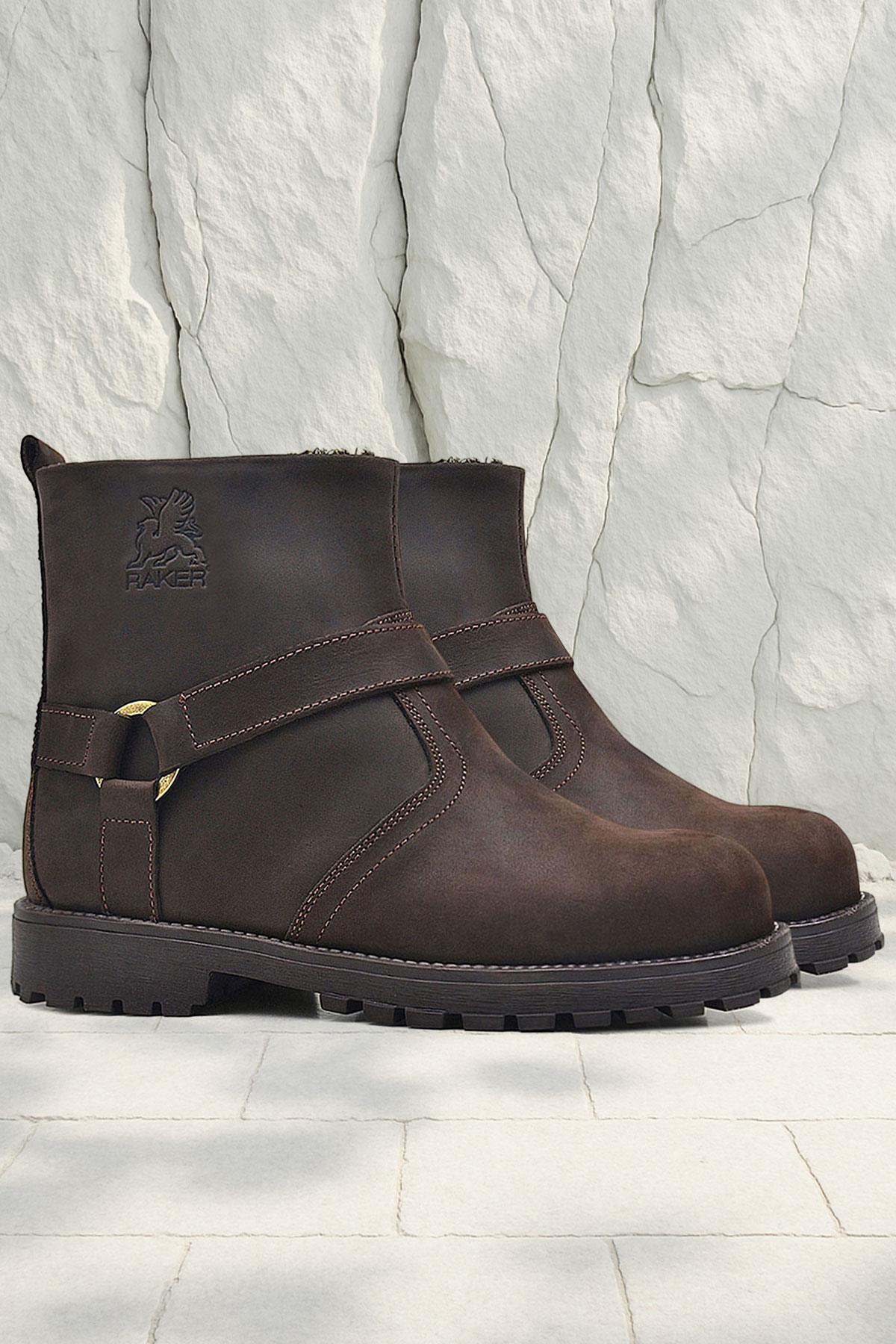 Rakerplus Zippered Genuine Leather Chiron Brown Furry Grown Kids Boots