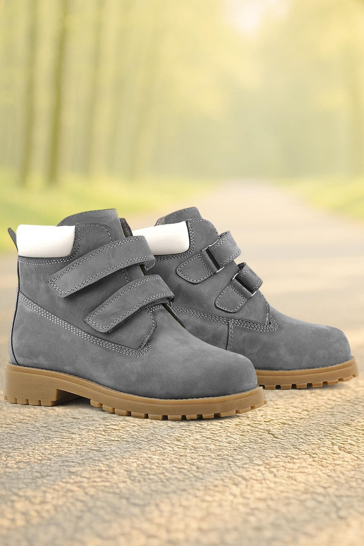 Rakerplus Neson Genuine Leather Gray Kids Boots with Velcro