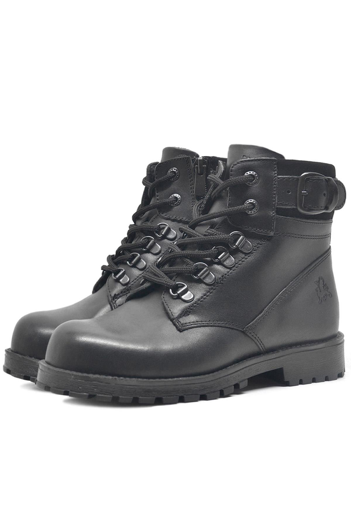 Rakerplus Hakiki Deri Siyah Fermuarlı Bağcıklı Kürklü Bot