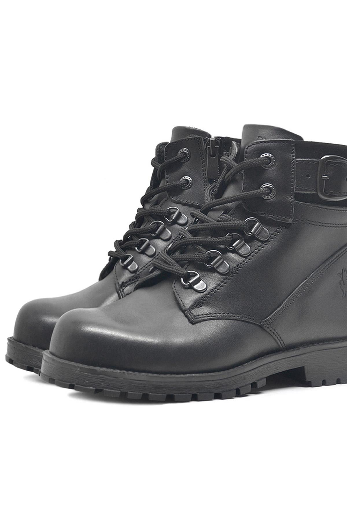 Rakerplus Hakiki Deri Siyah Fermuarlı Bağcıklı Kürklü Bot