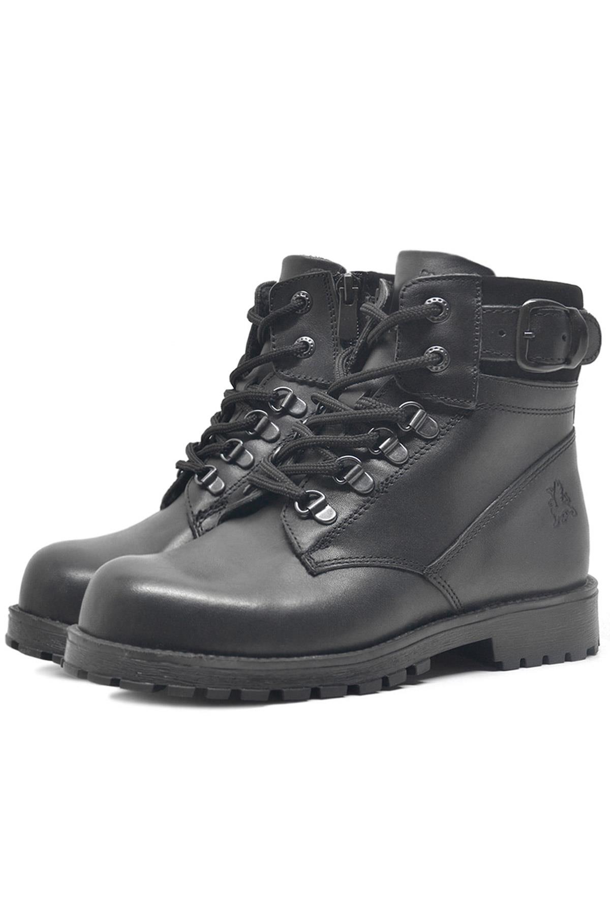 Rakerplus Hakiki Deri Siyah Fermuarlı Bağcıklı Kürklü Bot