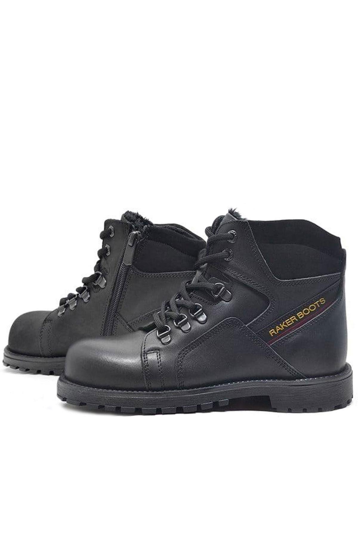 Rakerplus Hakiki Deri Siyah Cilt Fermuarlı Kürklü Çocuk Bot