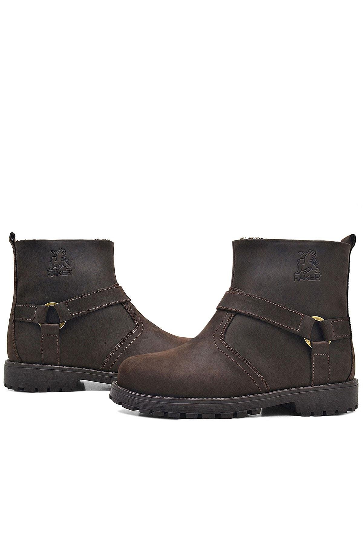 Rakerplus Zippered Genuine Leather Chiron Brown Furry Grown Kids Boots