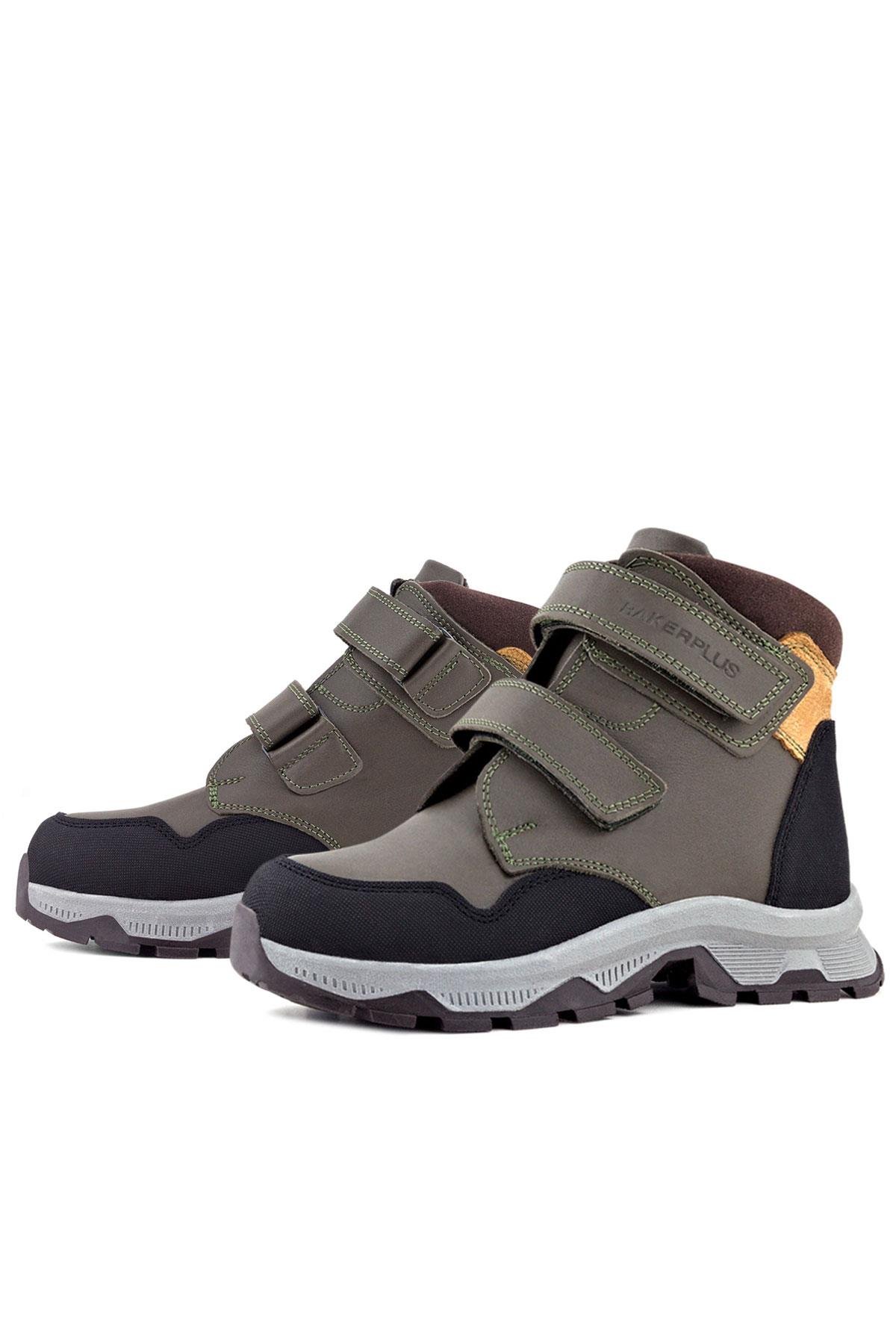 Rakerplus Trekking Hakiki Deri Haki Yeşil Sarı Cırt Cırtlı Erkek Çocuk Bot